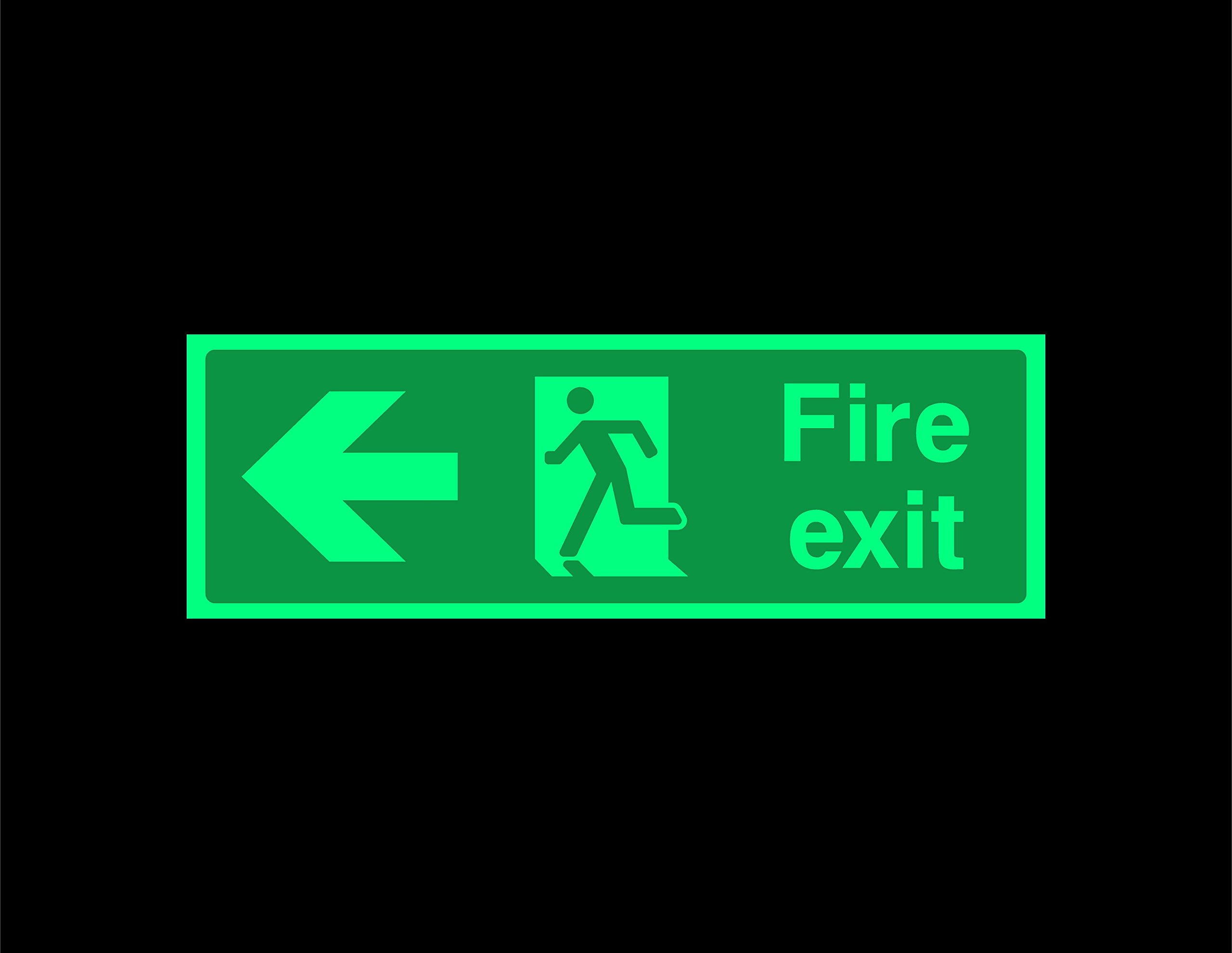 Fire exit left running man Safety sign - 300mm x 100mm 1.2mm Photoluminescent rigid plastic with self adhesive backing
