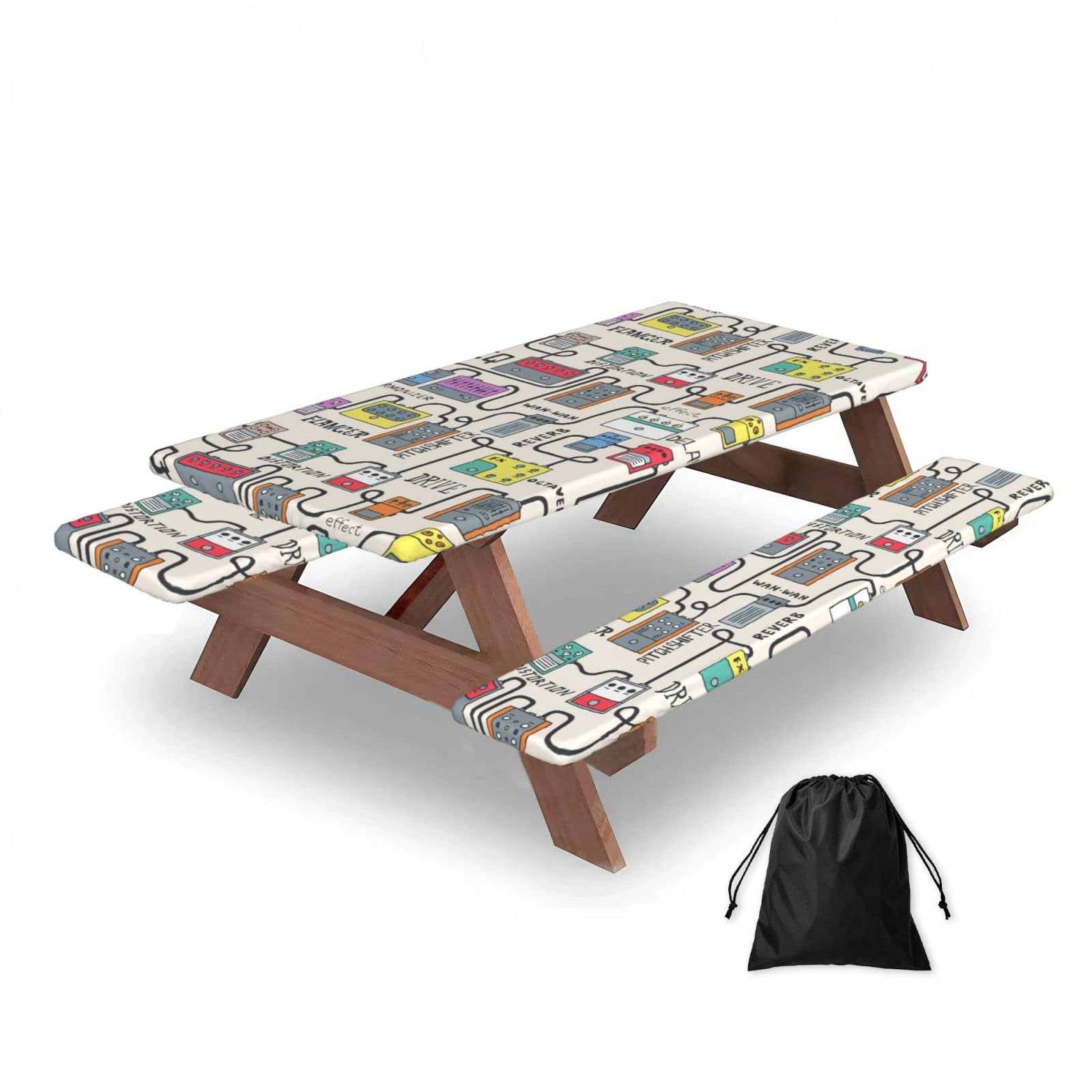 Dopklna As Picture Color Guitar Pedals, Picnic Table Cover With Bench Covers -Waterproof Elastic Fitted Tablecloth For Garden Camping Patio 76X152cm