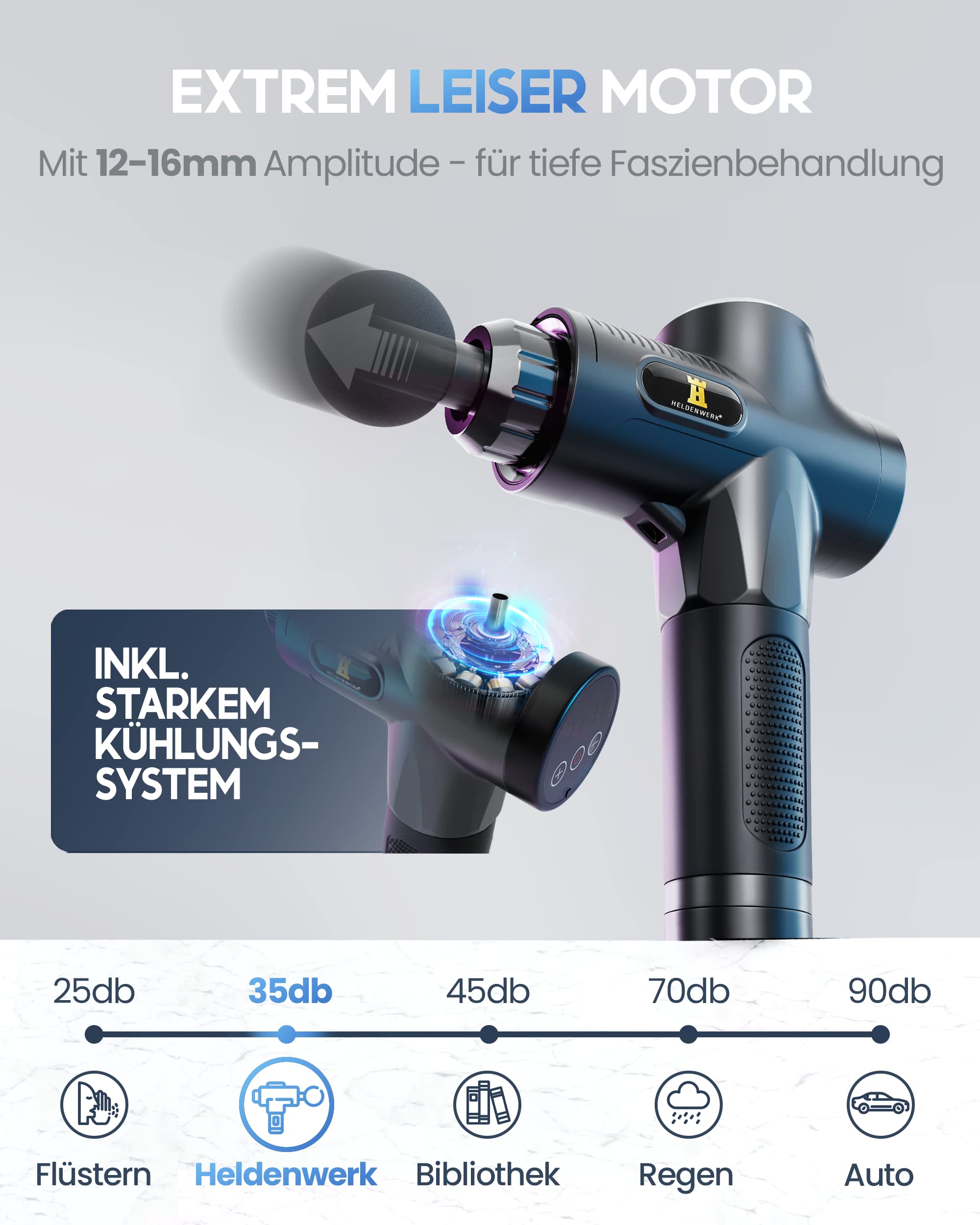 HELDENWERK Massagepistole inkl. 7 Massageköpfen & 30 Geschwindigkeiten, mit USB-C Anschluss und Hitzekopf I Muskel Massagegerät, Massagegun, Muskelmassagepistole, Muskelpistole