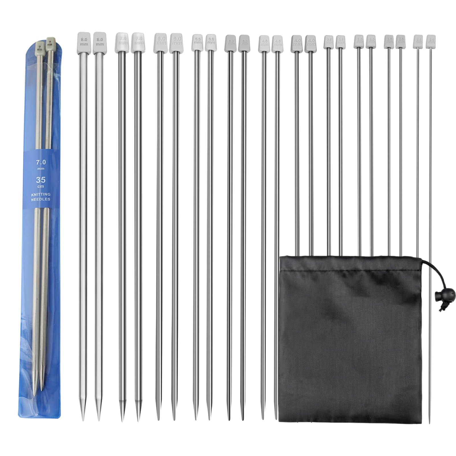22 Pcs Knitting Needles Set, 25cm Stainless Steel Knitting Needles with Storage Bag, Single Pointed Needle for Scarves Hats Sweaters Handcraft (11 Sizes)