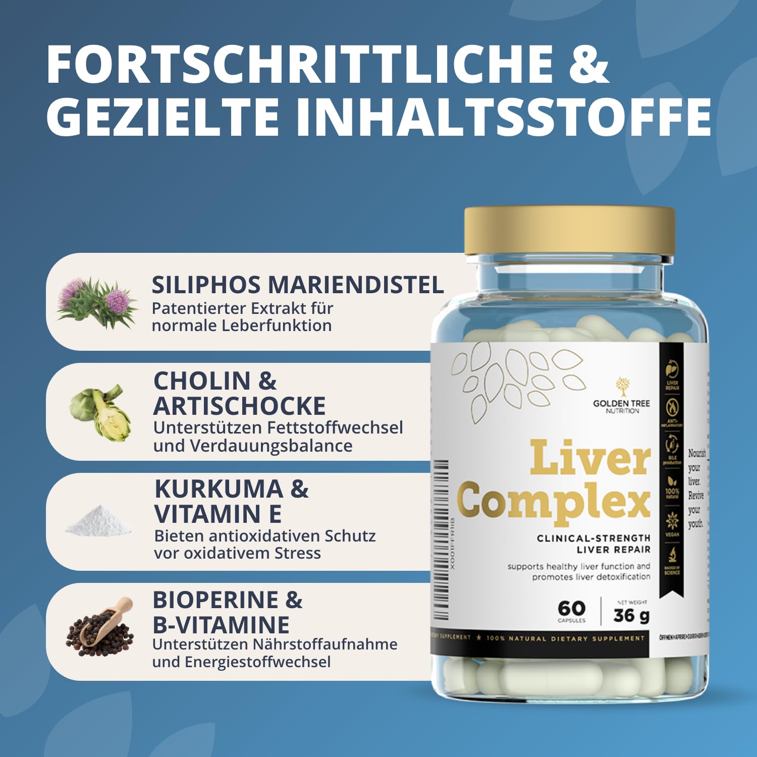 Golden Tree Liver Complex - Leber Komplex Kapseln, 60 Stück | Mariendistel, Löwenzahn, Artischocke, Kurkuma, Cholin, Vitamine B6 B12 D3 E, Schwarzer Pfeffer