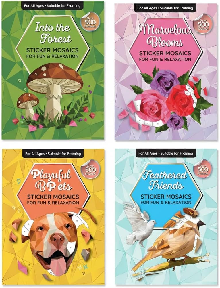 PAPP Sticker by Number Mosaic Kit – Feathered Friends, Marvelous Blooms, in the Forest & Playful Pets – Peel and Stick Art Activity Set