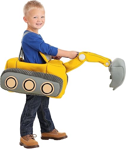 Miniatura 3 de Paseo para niños pequeños en disfraz de excavadora, traje amarillo de operador de equipo pesado