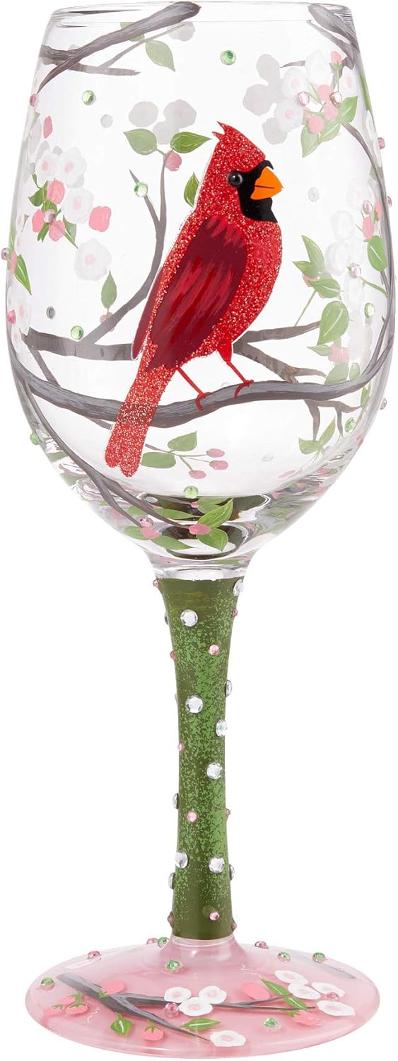 Enesco Designs by Lolita Cardinal Bird with Cherry Blossoms Beauty Artisan Hand-Painted Wine Glass, 15 Ounce, Multicolor