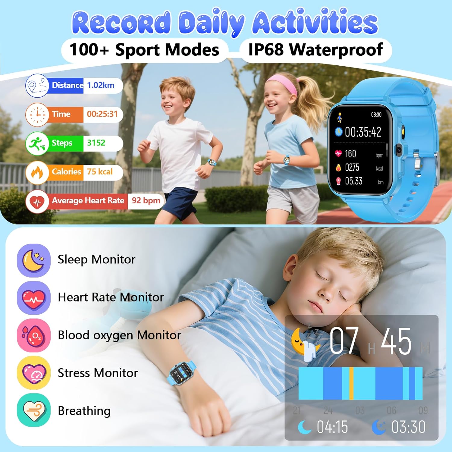 Kids Watch, 1.85" Fitness Tracker Pedometer, Heart Rate, Sleep Monitor, NO APP/Phone, Alarm Clock, Smartwatches with Video Music, IP68 Waterproof, Puzzle Games, Gift for Boy Girl, Smart Watch for Kid