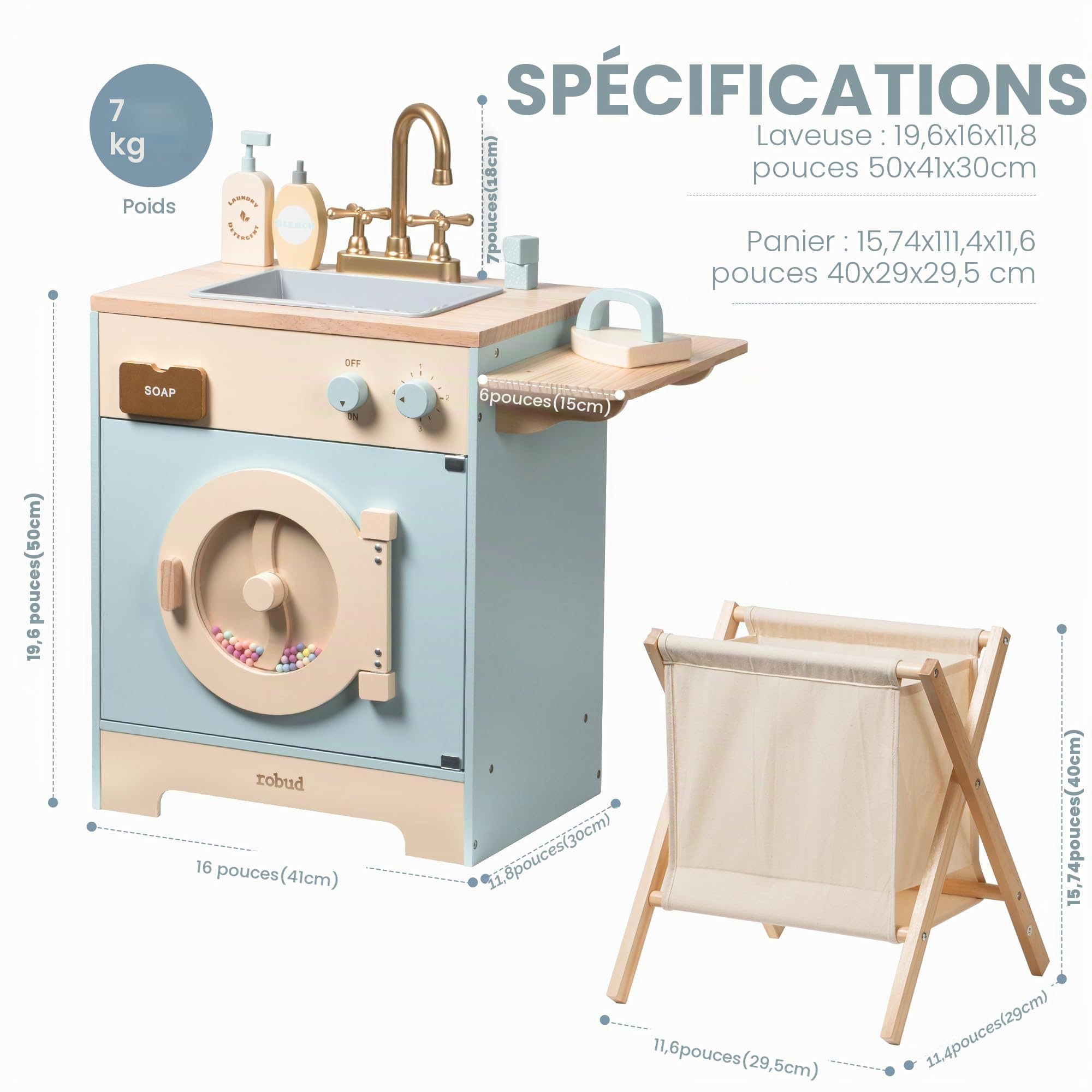 ROBUD Machine à Laver en Bois pour Enfants avec Panier à Linge, Planche à Repasser, détergent et Plus Encore. Convient aux Enfants à partir de 3 Ans.