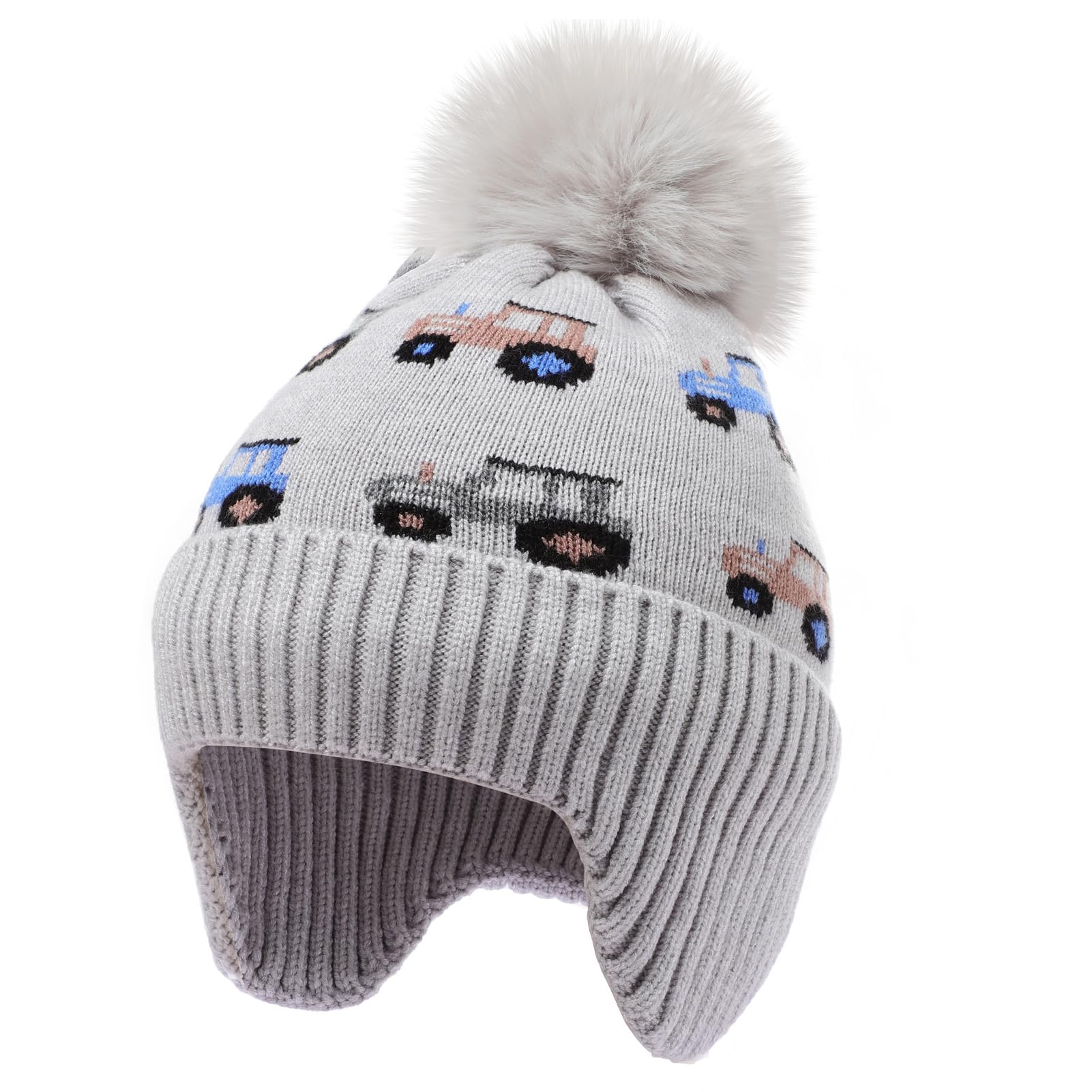 Kids Beanie Hat with Ear Flaps for Boys Girls Rainbow Tractor Knit Hats Outdoor Skull Snow Ski Cap Age 2-10