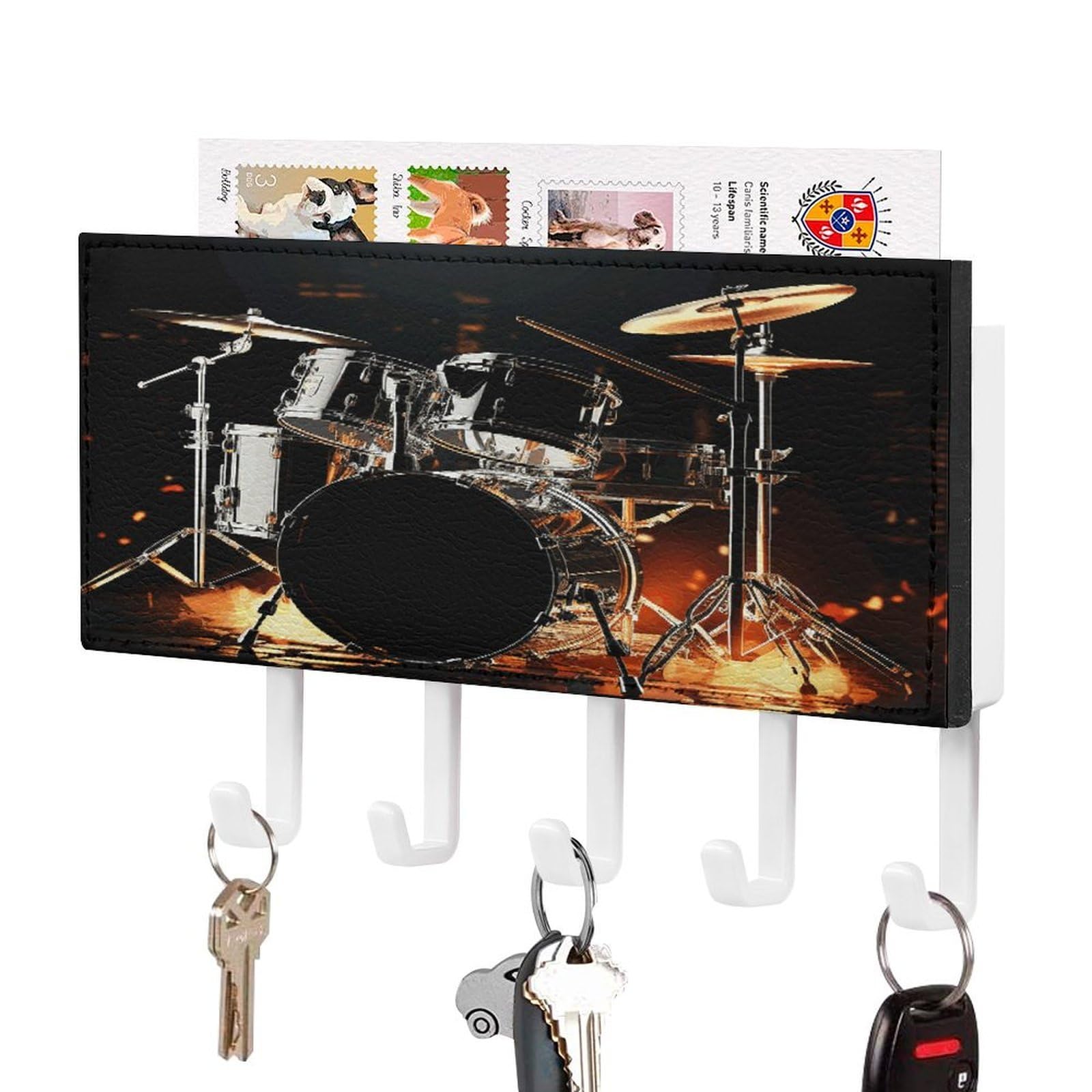 JTREHY Drummer Key Holder Wall Mount Decorative Key and Mail Holder PU Leather Adhesive Key Organizer Hanging Key Hooks Wall Shelf with 5 Hooks for Entryway Hallway Office