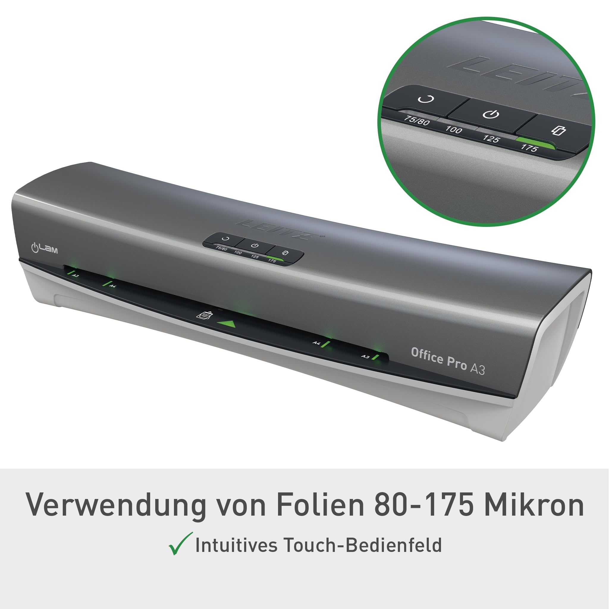 Leitz iLAM Office Pro A3 Laminiergerät, ultraschnelle Aufwärmzeit von 1 Min, für 75-175 mic Folien, Eingabehilfen-LEDs & LED-Status, Anti-Stau, Auto-Abschaltung, Hüllen-Starterkit, Grau/Weiß, 75180084