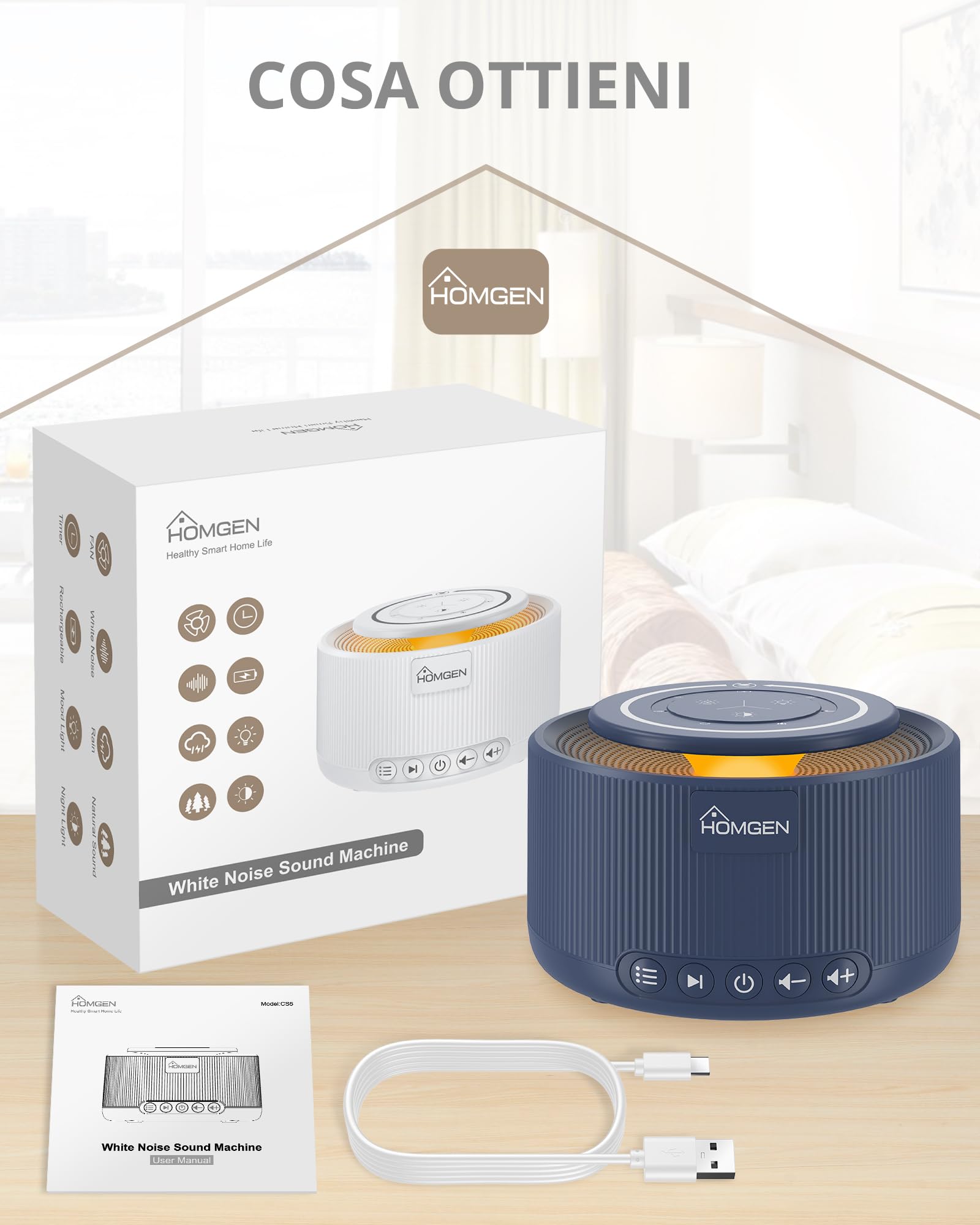 HOMGEN Macchina del Rumore Bianco 30 Suoni Macchina Rumori Bianchi per Neonato 5 Livelli di Luminosità 7 Colori Lampada Portatile per Bambino Meditazione Yoga Ufficio-Blu Scuro