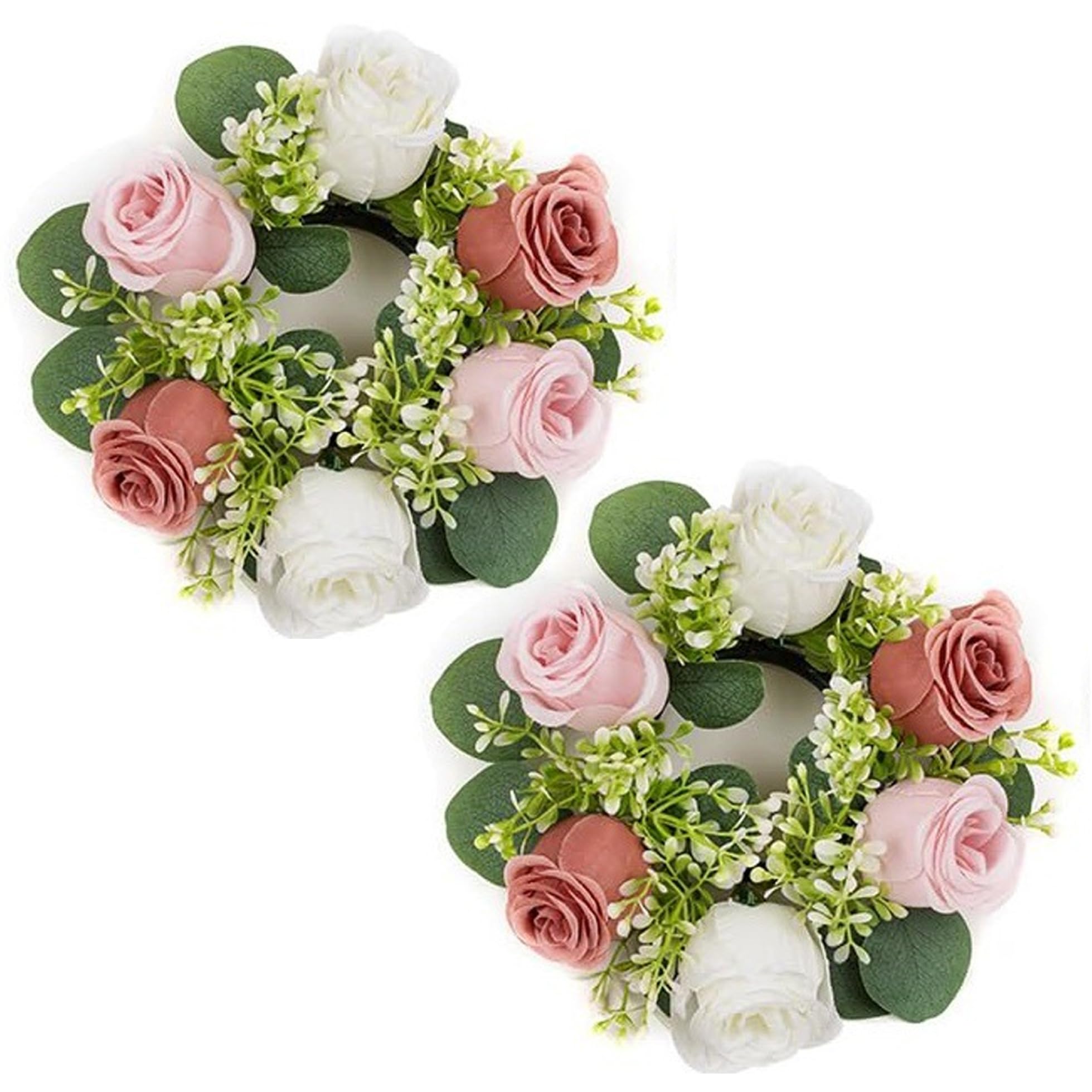 Xoeryoy 2PCS Candle Rings Wreaths 3 Inch Center, Artificial Rose Candle Wreath Rings for Wedding Home Table Decor