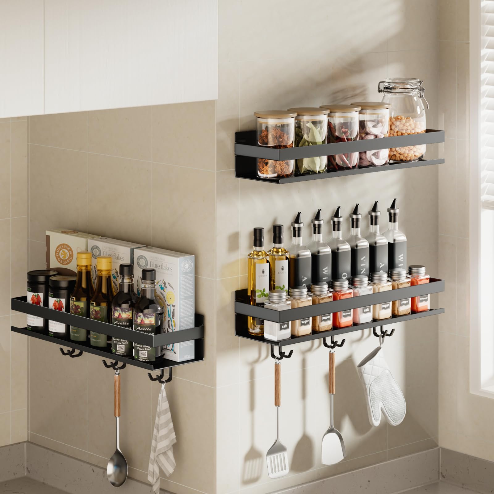 devesanter Gewürzregal Wand 2er Set Ohne Bohren Küchenregal mit 6 Haken, Hakenleiste Hängend Gewürzregal Schranktür Duschablage für Küche Badezimmer Balkon （Schwarz,40 cm）