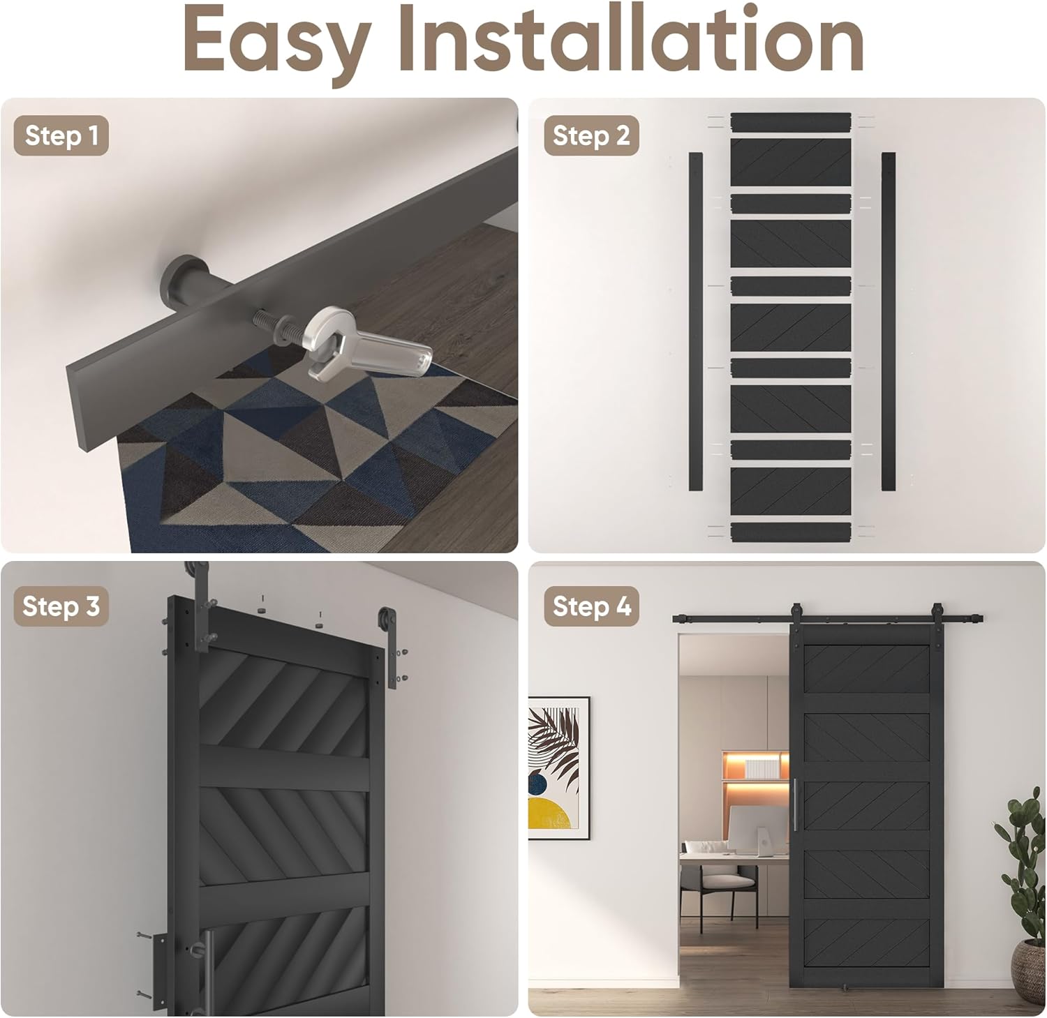 Four-step visual guide for installing the JUBEST barn door, showing track mounting, door assembly, hanger attachment, and final door placement.
