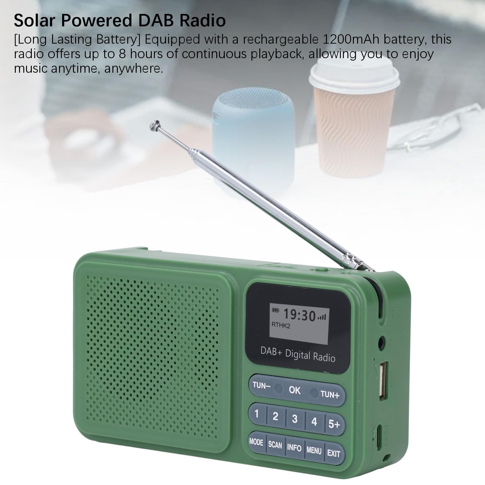 Topiky Radio DAB, altoparlante ad energia solare con suono stereo da 3 W, riproduzione di musica USB, 30 stazioni preimpostate, per ricezione DAB DAB DAB + FM