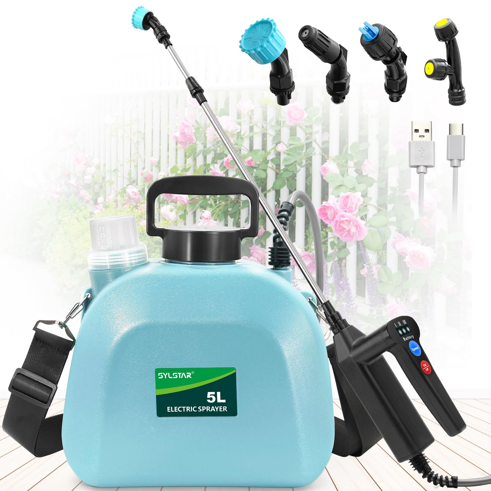 SYLSTAR 5L Battery Powered Garden Sprayer, 2026 Electric Weed Sprayer with 3 Adjustable Spray Power, Battery Indicator, 4 Spray Nozzles,7.4V USB Rechargeable Handle&Telescopic Wand for Lawn&Garden