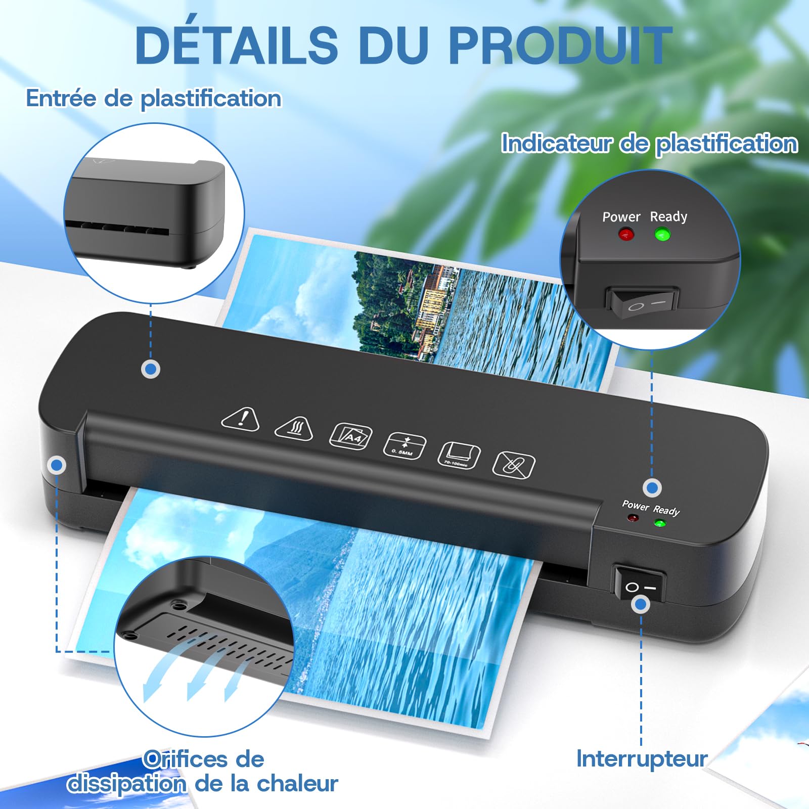 Plastifieuse A4 Thermique - Avec 15 Pochettes - Format A4/A5/A6, 70-100 Microns - Pour Bureau/école - 6