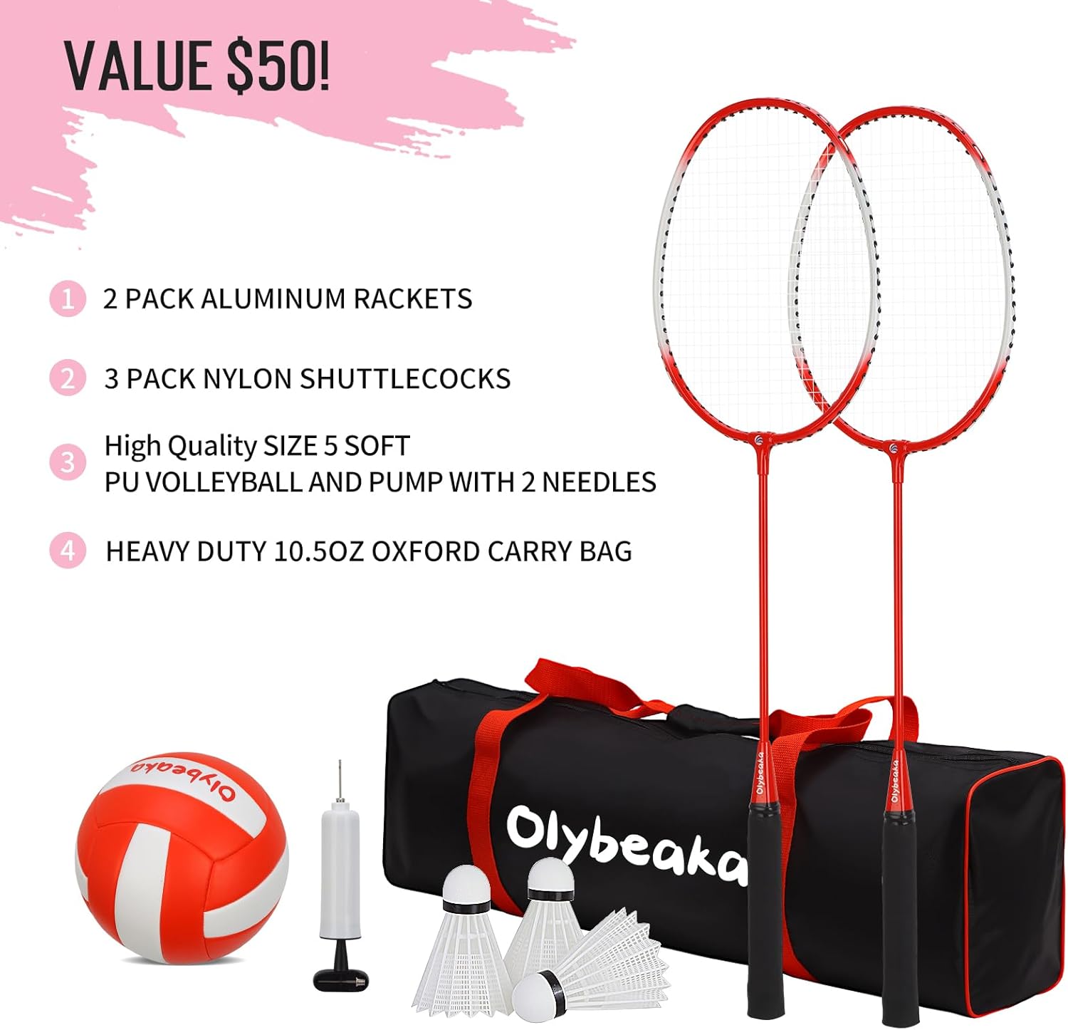 RED AND BLACK 20ft Outdoor Volleyball & Badminton Combo Net Set for Backyard Beach with Adjustable Poles, Durable Anti-Sag Net, PU Volleyball, 2 Aluminum Rackets