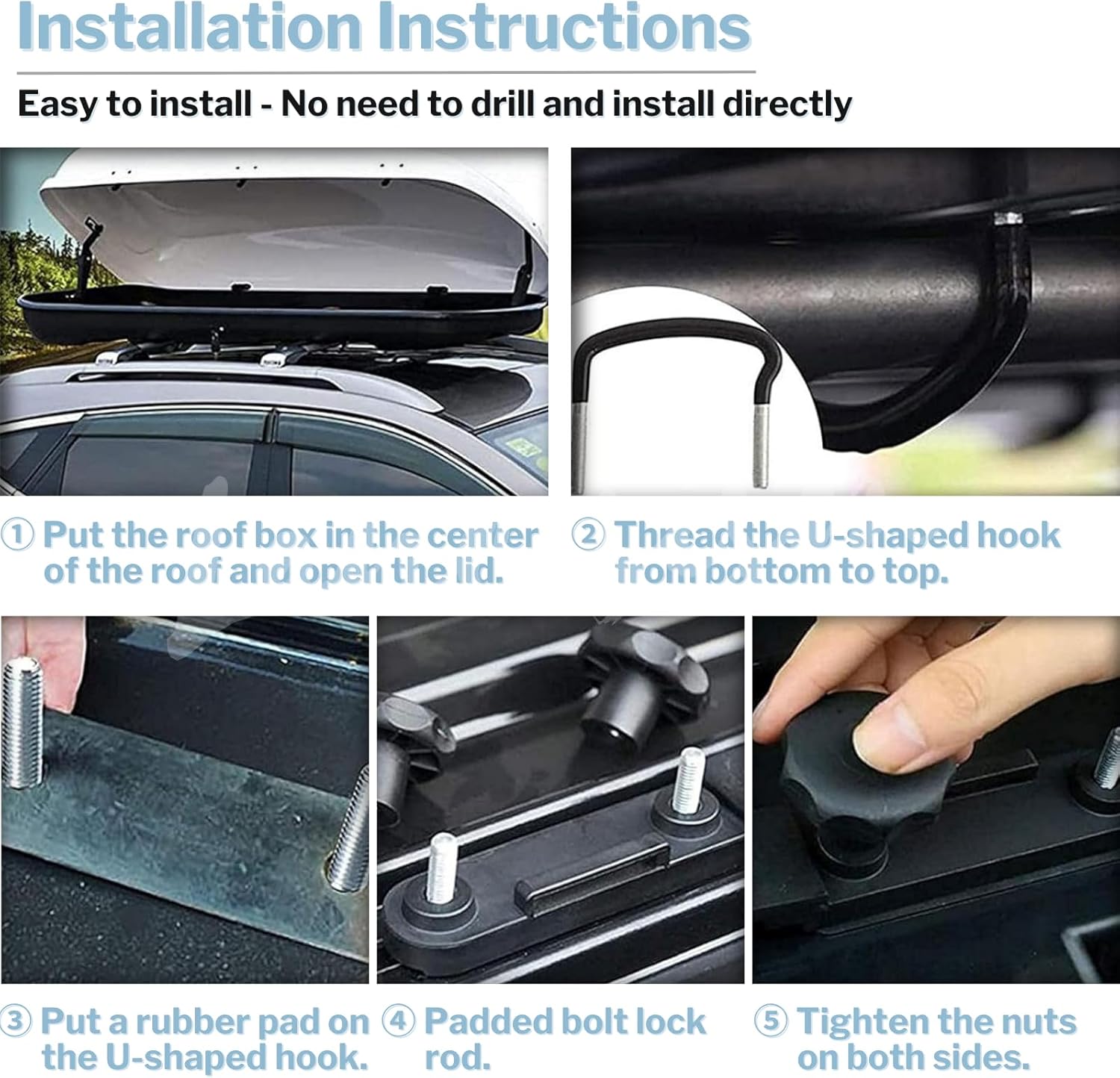 4 Pcs Roof Box U-Bolt Clamps, Upgraded Rooftop Cargo Carrier Rack Bolts, Car Van Mounting Fitting Kit 85mm Inner Width Metal U-Bracket Clips w/ 8 Lock Nuts 2 Straps