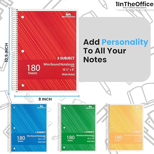 Miniatura 3 de 1InTheOffice Cuaderno de espiral con rayas universitarias de 10.5 x 8 pulgadas, cuadernos de 5 materias, cuadernos de espiral encuadernados de