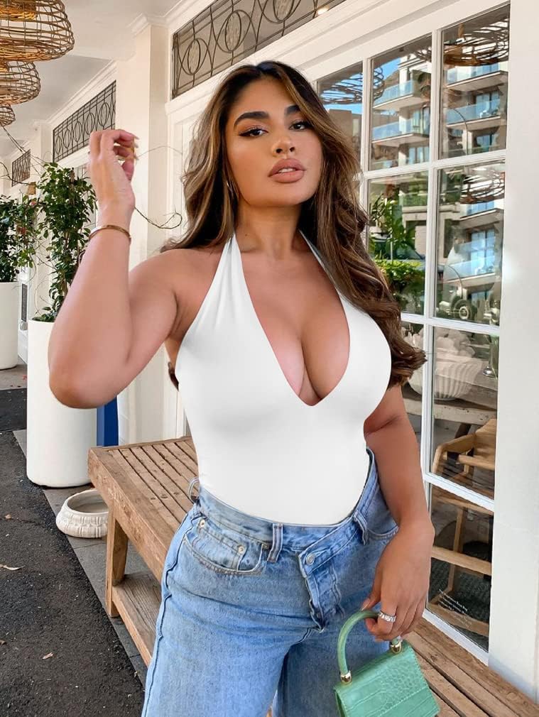 YMDUCH Women's Sexy Sleeveless Halter V Neck Backless Leotard Bodysuit Tops - Image 3