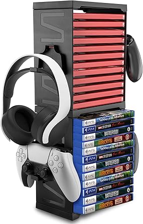 New World Game Storage Tower Stand for PS5/ PS4/ Xbox Series S & X/Xbox, Universal Video Games Discs Organizers 24 PCS with 4 Controllers Holder, Game Disk Box Stand Rack Accessories - Black - image, photos