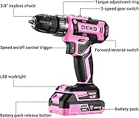 Vista 2 de Deko Pro - Juego de taladro inalámbrico 20 V MAX con batería de litio - Taladro eléctrico con 2 velocidades, 18+1 configuraciones de torque, Rosa