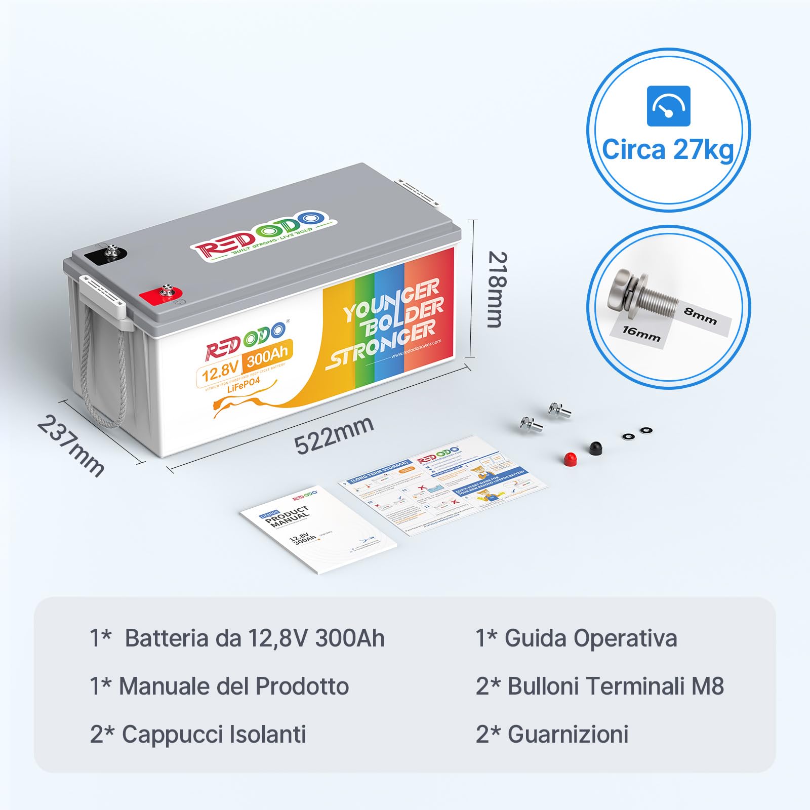 Redodo 12V 300Ah Batteria LiFePO4 con BMS 200A Batteria Litio 3840Wh 10 Anni di Vita 4000-15000 Cicli Profondi Espandibile 4P4S per Backup Casa Camper Barca Sistemi Solari Off-Grid