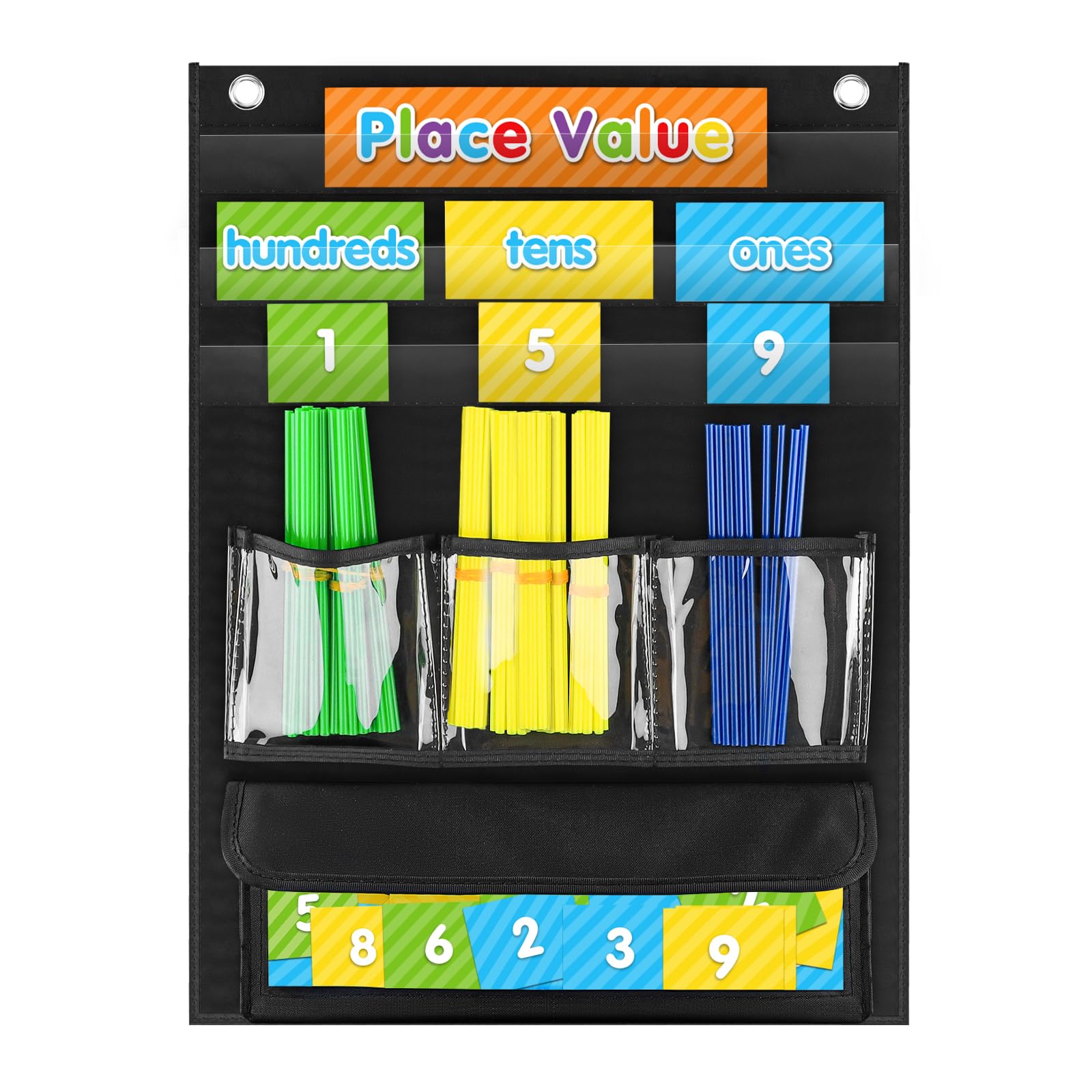 AUVCAS Counting Caddie and Place Value Pocket Chart for Kindergarten Preschool Homeschooling Classroom,210 Straws & 30 Number Cards & Header Cards