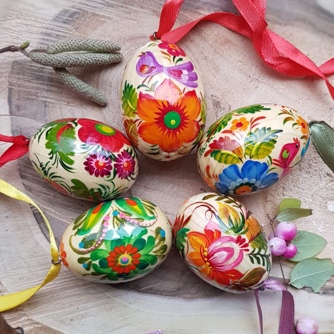 Handbemalte Ostereier Mini zum Aufhängen aus Holz 5 St Set mit Schönem Blumenmuster der Ukrainischer traditioneller Petrykiwka-Malerei