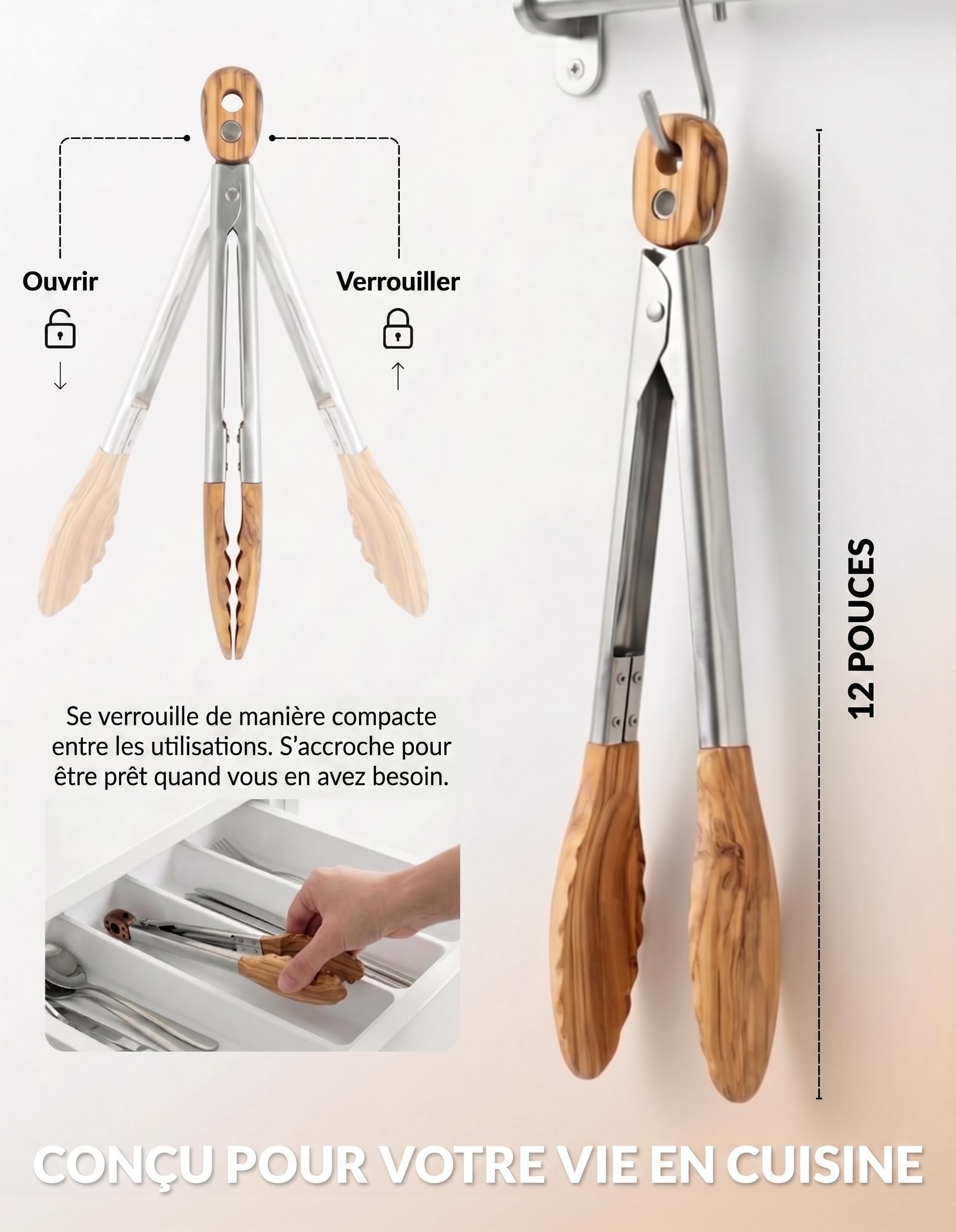 Boxiki Kitchen Pinces de Cuisine avec Embouts en Bois d'Olivier - Pinces Idéales pour BBQ, Salade, Grille-Pain, Pain & Cornichons - Fabriquées en Bois d'Olivier Naturel, Taille 28 cm