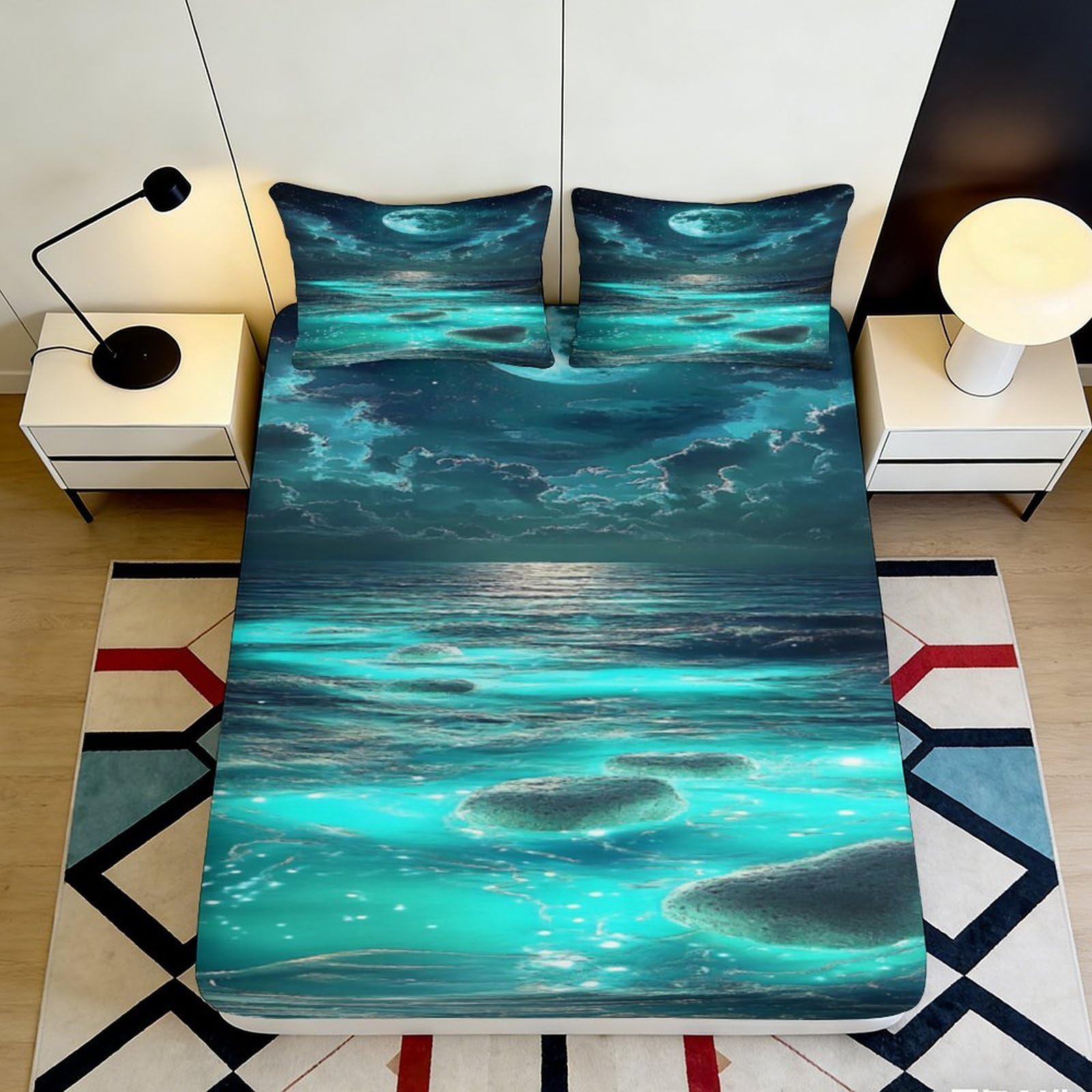 Pnayamiorkfel Style-2 3D Printed Moonlit Ocean Fitted Sheet Microfiber Soft Blue Seascape Bed Cover For Bedroom Guest Room Dorm Bed Protection 90X200x25cm