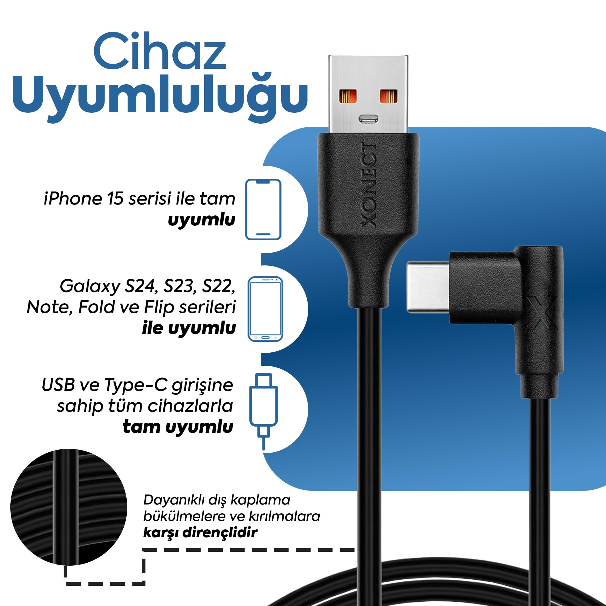 XONECT USB to Type-C ile Uyumlu iPhone ve Samsung ile Uyumlu Hızlı Şarj ve Data Kablosu 100 cm L Tipi Gaming (Siyah)