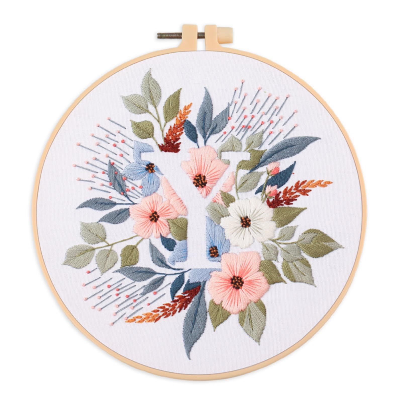 IUHUI Embroidery Kit for Beginners Adults - 26 Floral Letters Easy Patterns, DIY Hand Stitching Embroidery Set with Hoop (Flower and Grass Letter Y)