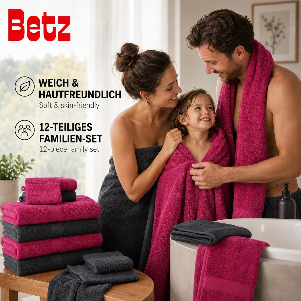 Betz 12-TLG. Handtuch-Set Palermo 100% Baumwolle 2 Liegetücher 4 Handtücher 2 Gästetücher 2 Seiftücher 2 Waschhandschuhe Farbe Cranberry und anthrazit