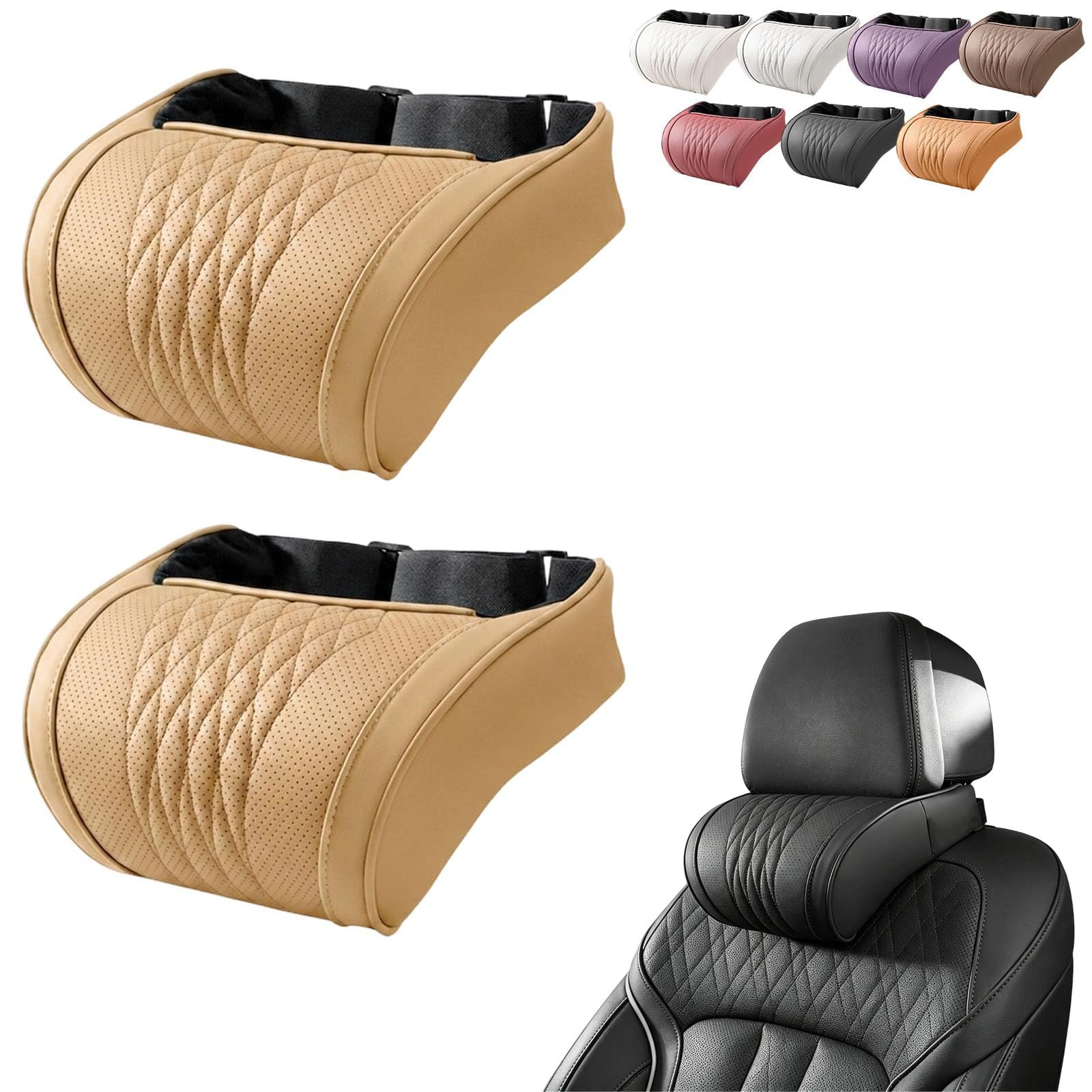 Cojín Reposacabezas Coche de Espuma Memoria y Cuero Napa, Almohada Ergonómica de Cuero para Asiento de Coche, Soporte de Cuello Transpirable con Correa Ajustable para Viaje (Amarillo)