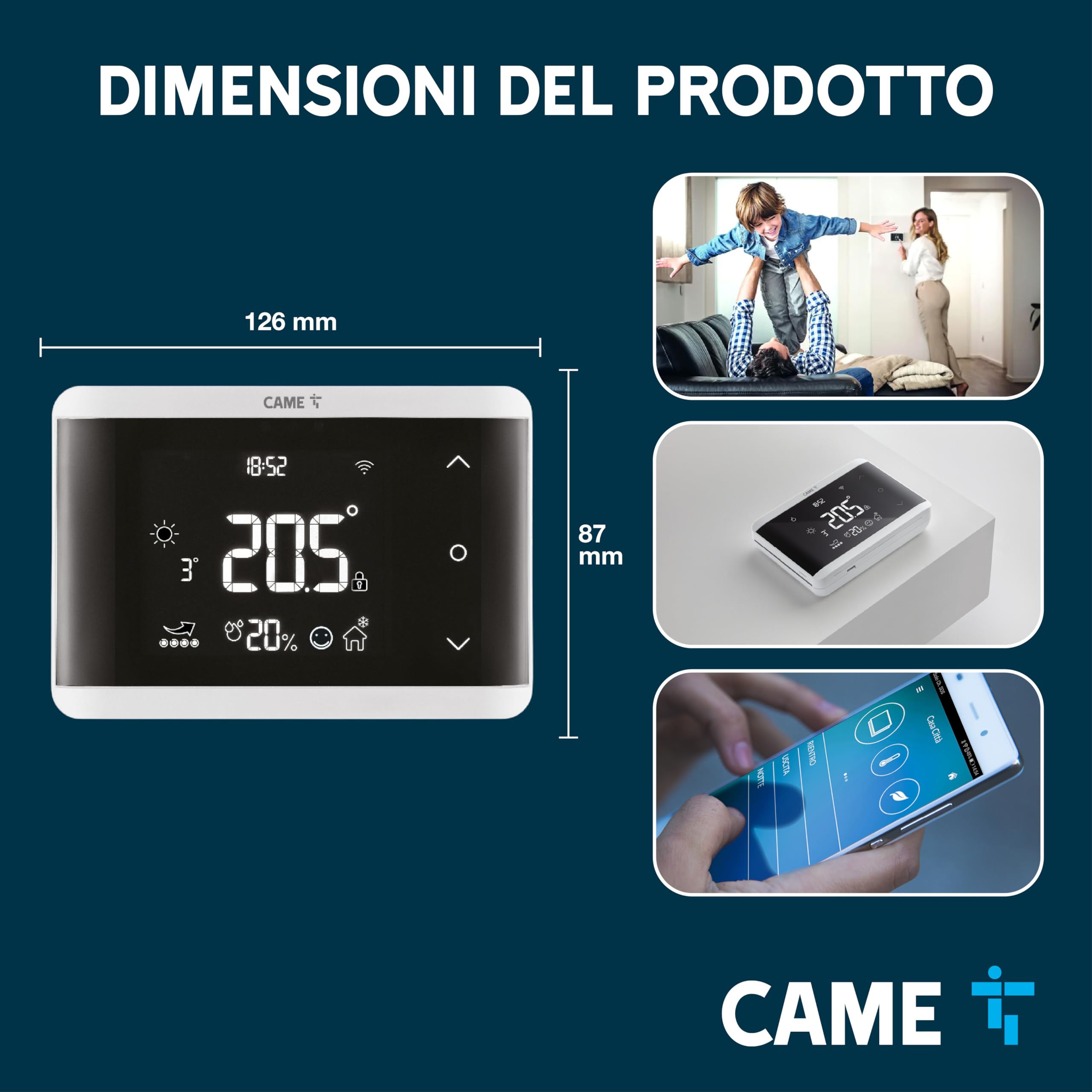 CAME Cronotermostato TH/750 Digitale Wi-Fi da Parete, Doppio Relè per Riscaldamento e Climatizzazione, Compatibile con Alexa e Google, Alimentazione 230 V AC, Bianco