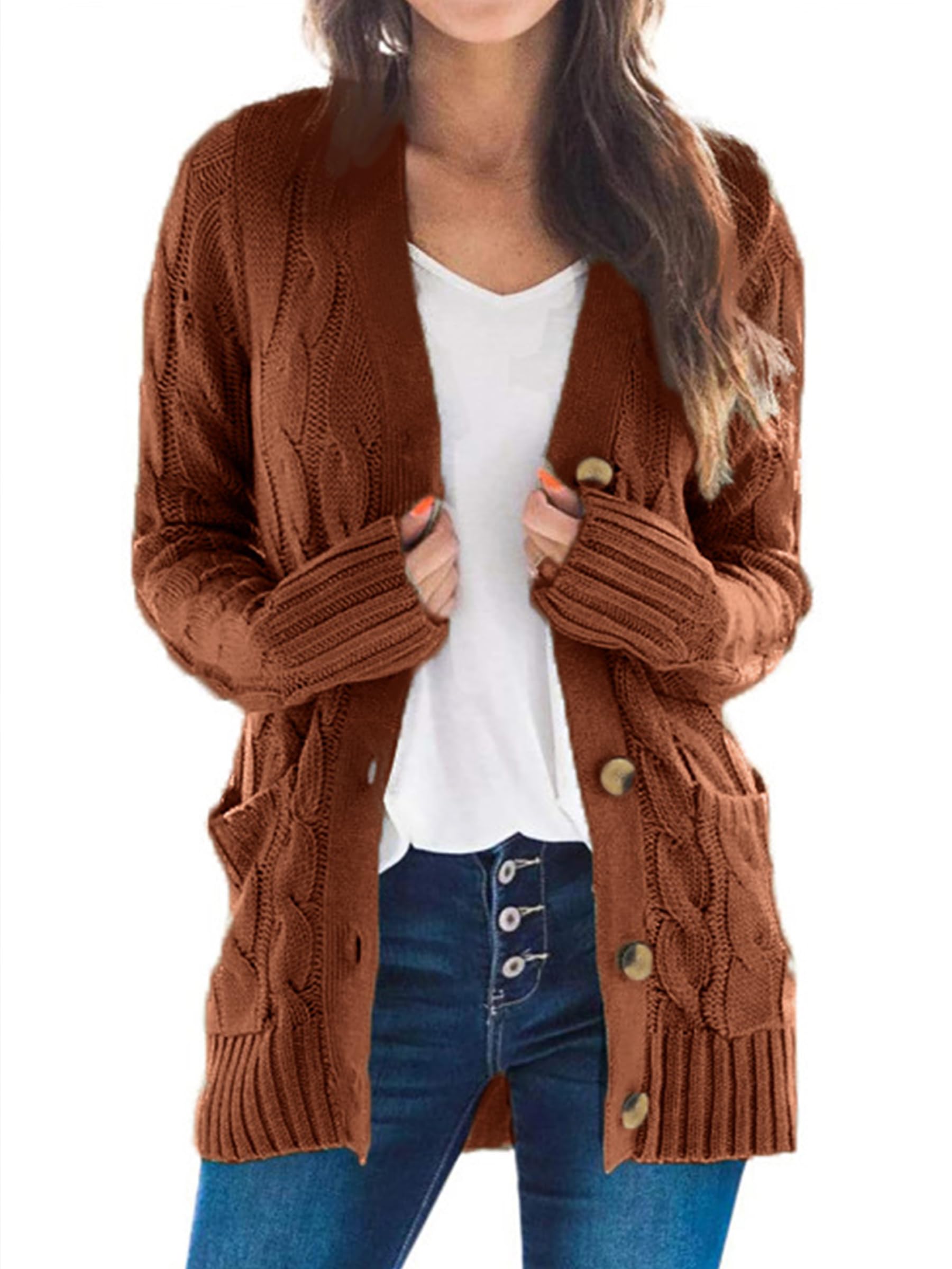 Uusollecy Damen Cardigan Langarm Strickjacke Herbst Winter Casual Strickcardigan Open Front Sweater mit Knopf S-XXL