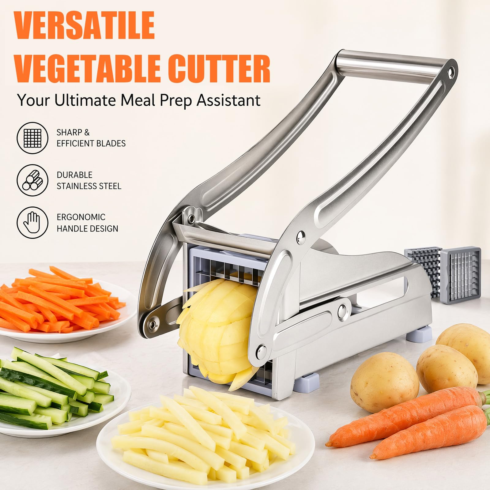 CEWROM Pommesschneider Edelstahl, Kartoffelschneider Scheiben mit 2 Klingengrößen, Kartoffelschneider für hausgemachte Pommes, Pommesschneider Edelstahl mit Rutschfester Saugtechnologie