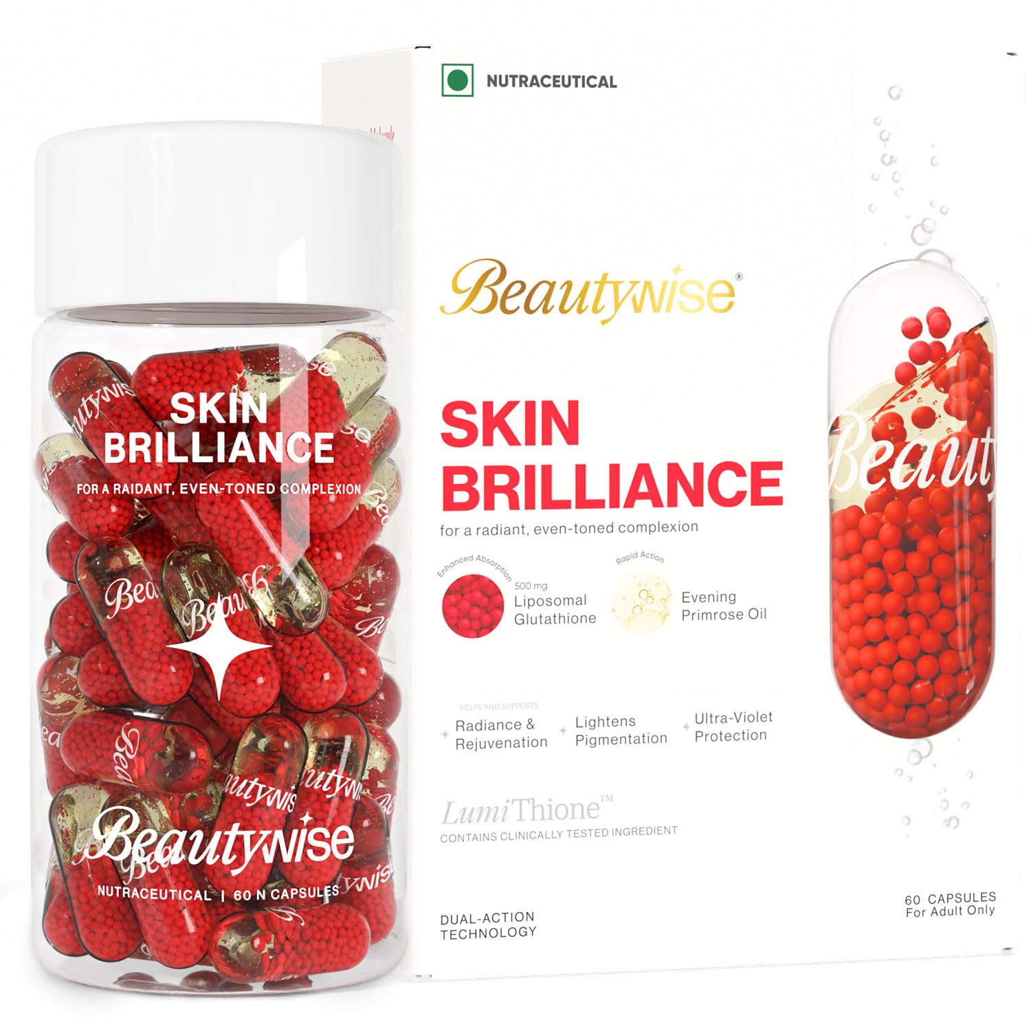 Dual Action Skin Brilliance 4X Liposomal Glutathione With Nac|Dual Action 60 Capsules |L-Lysine,Grape Seed & Vitamin C | For Skin Brightening & Glow|(Pack of 1)