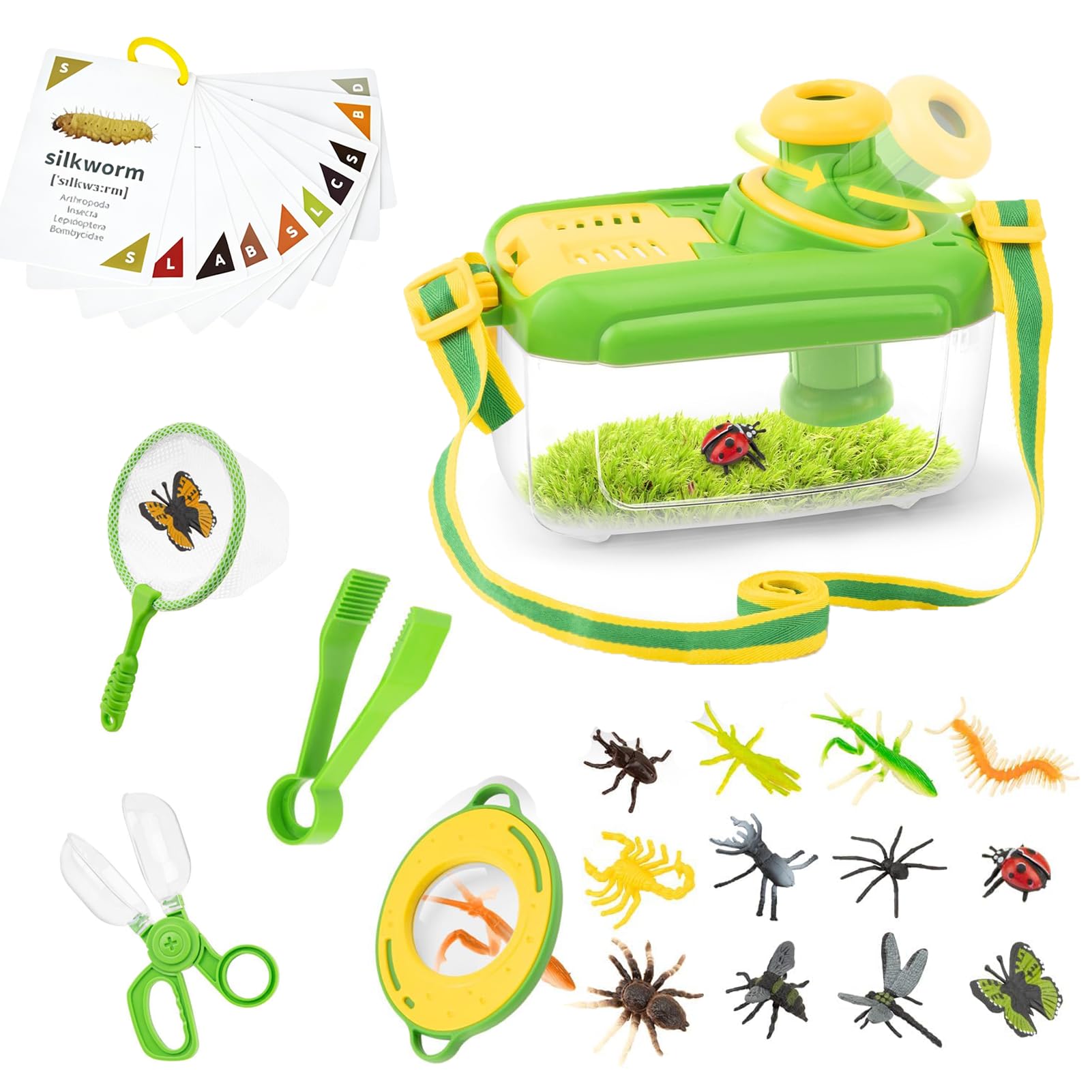 Bug Hunting Kits for Children, 5 Pcs Bug Catcher for Kids with 10 Insect Cards & 12 Fake Insects, Outdoor Explorer Kit with 360° Rotating Lens, STEM Educational Science Toy for Boys and Girls(Green B)