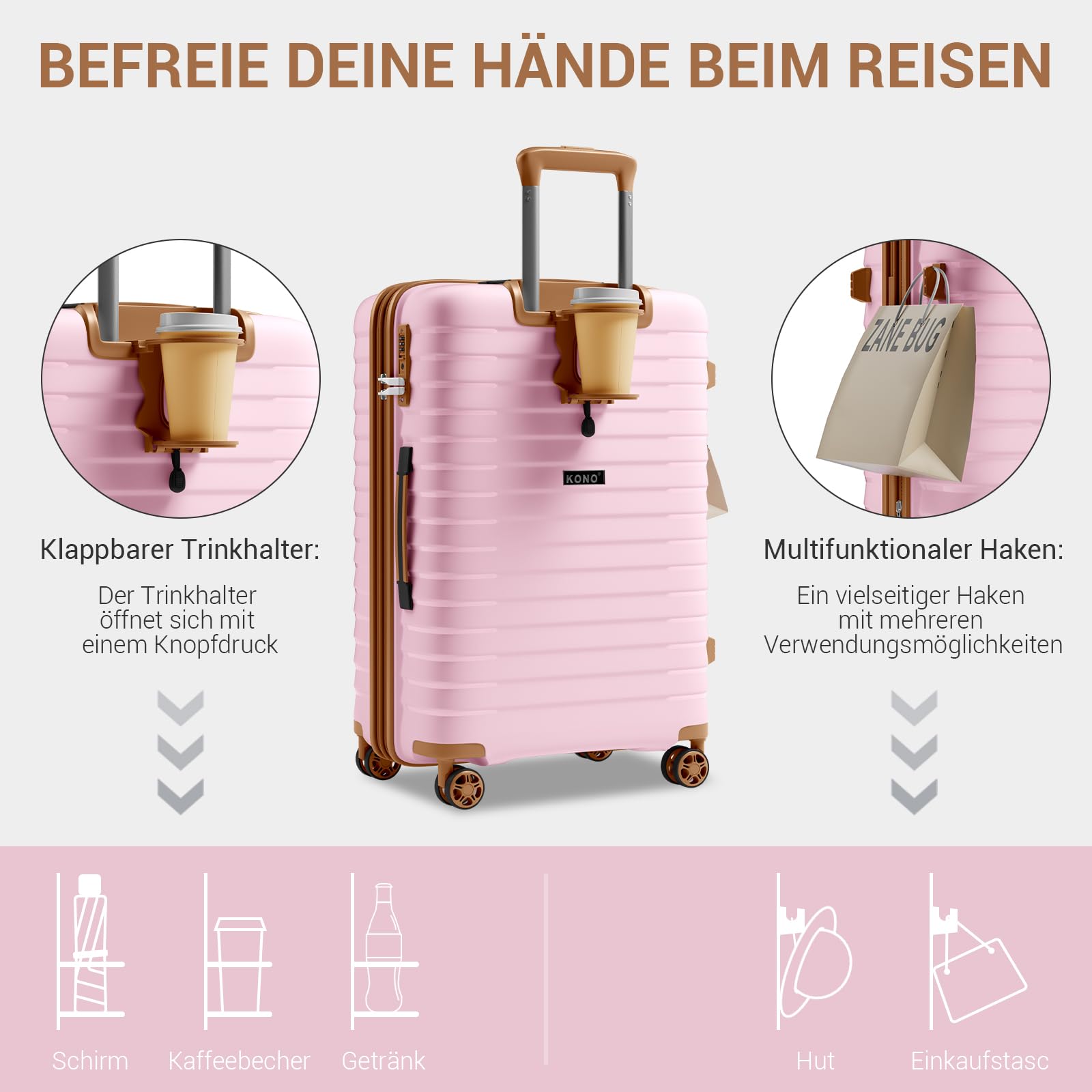 KONO Mittelgroßer Koffer Leicht PP Hartschale Trolley mit TSA Schloss