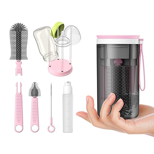 Cepillo de viaje para botellas con estante portátil de secado de botellas, esenciales de viaje para bebé, color rosa