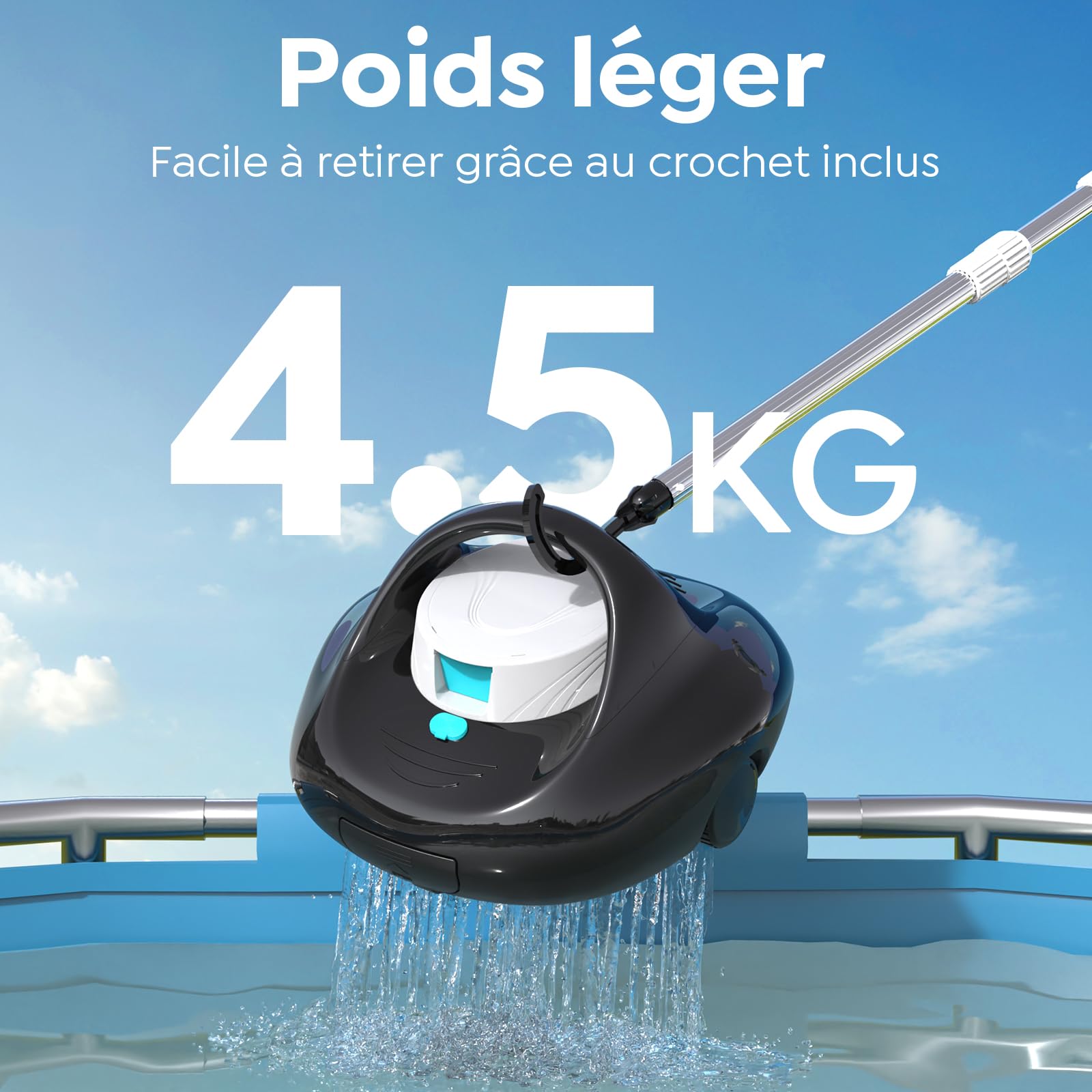 Pleco Se Aspirateur Piscine Hors Sol, 130 Min de Nettoyage Puissant, Charge Rapide en 2,5h, Moteurs à Double Entraînement, Idéal pour Robot Piscine Plat Jusqu'à 85 m²