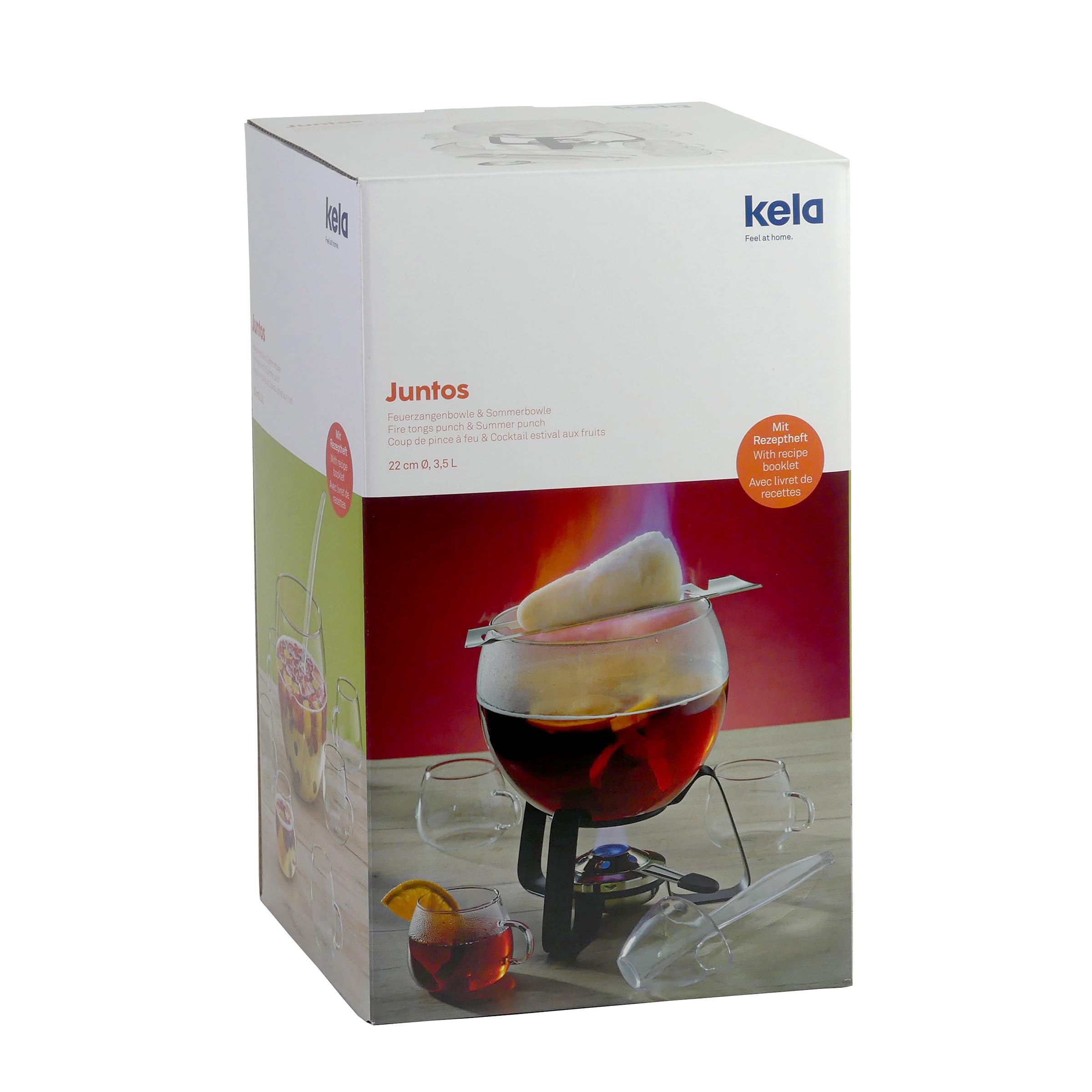 kela Set per punch al fuoco11 pezzi JUNTOS, set per punch con ciotola in vetro da 3,5 l, 6 bicchieri, pinza per lo zucchero, mestolo, adatto anche per punch estivo e vin brulé
