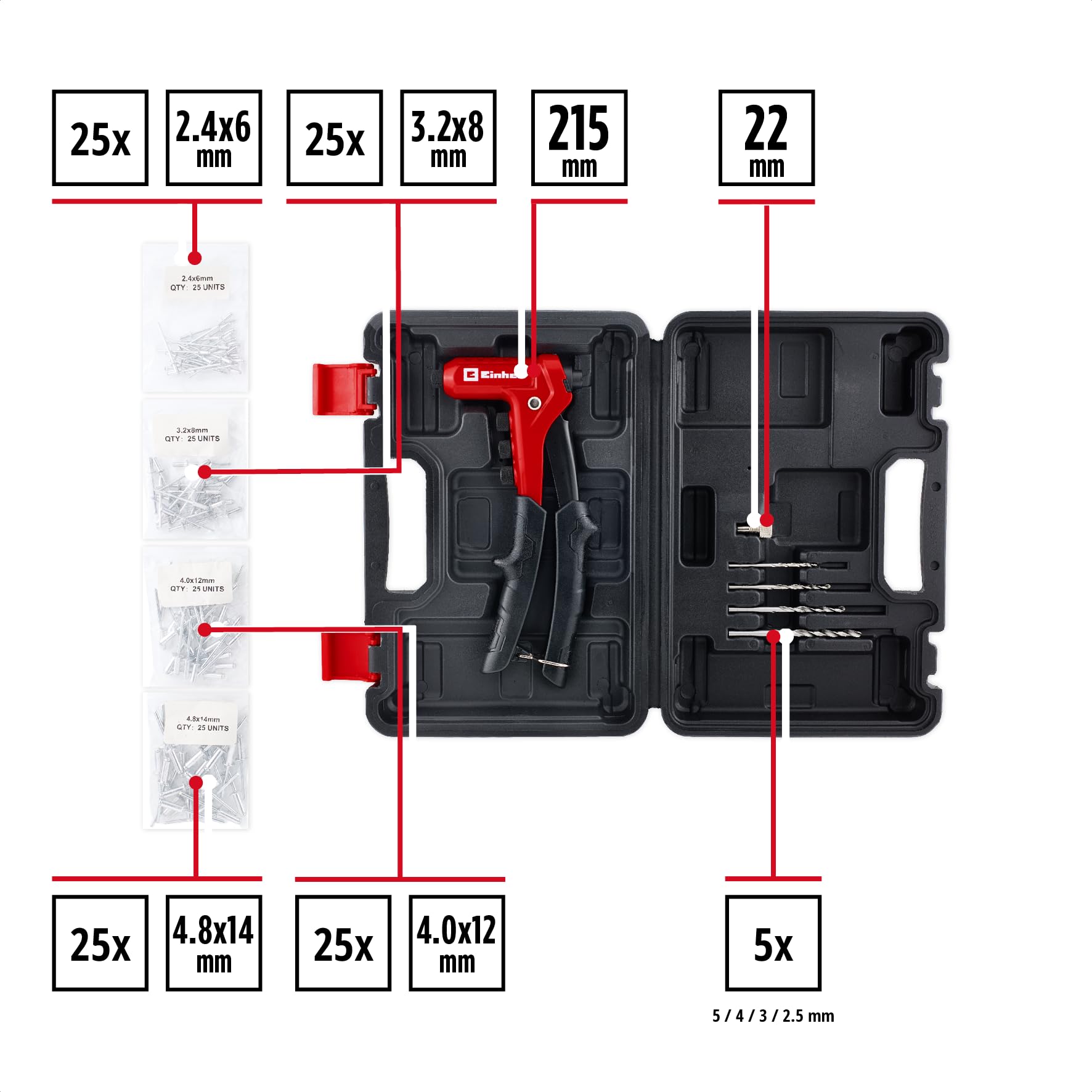 Einhell Pinza Rivettatrice Set 100 Rivetti 4 Ugelli Valigetta