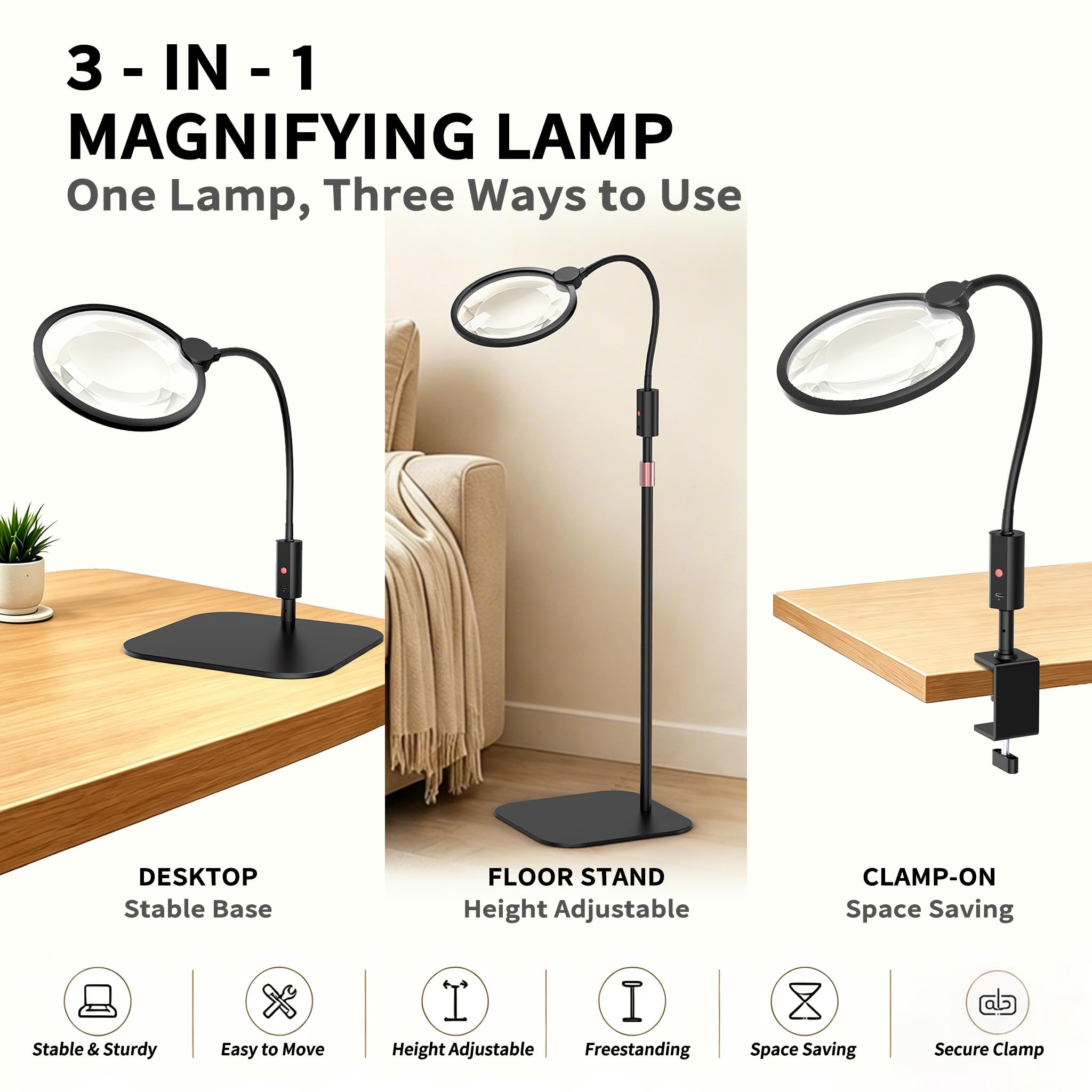 Extra große Lupe mit Licht und Ständer, 10-fache 3-in-1-Boden- und Schreibtisch-Lupe, Lupe und Lupe mit 64 LED-Leuchten, wiederaufladbar über USB zum Lesen, Naharbeiten