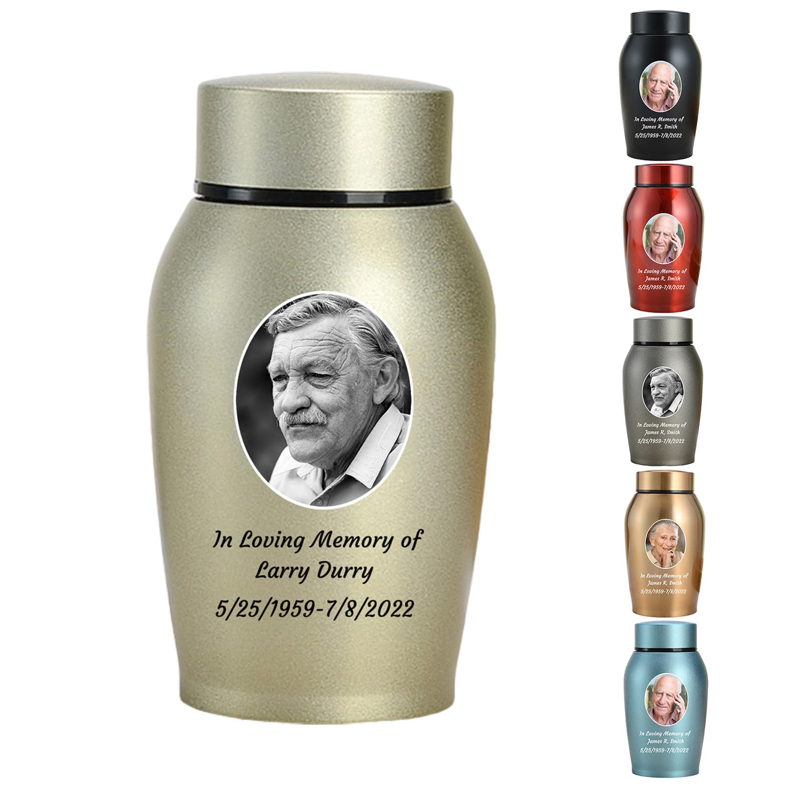 WXMYOZR Photo Personalized Small Urns for Human Ashes, Mini Urns for Human Ashes Customizable, Stainless Steel Memorial Keepsake Cremation Urns Mini Sharing Funeral Urns,Frosted Gold