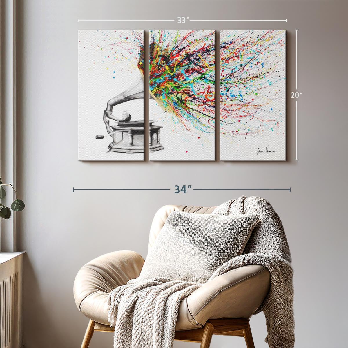 Elephant Stock Radical Rhapsody Wall Art - Horizontal Canvas - 3-Piece Living Room Wall Decor - Colorful Painting Canvas Print - Gray and Gold Decor for Wall by Ashvin Harrison - 33