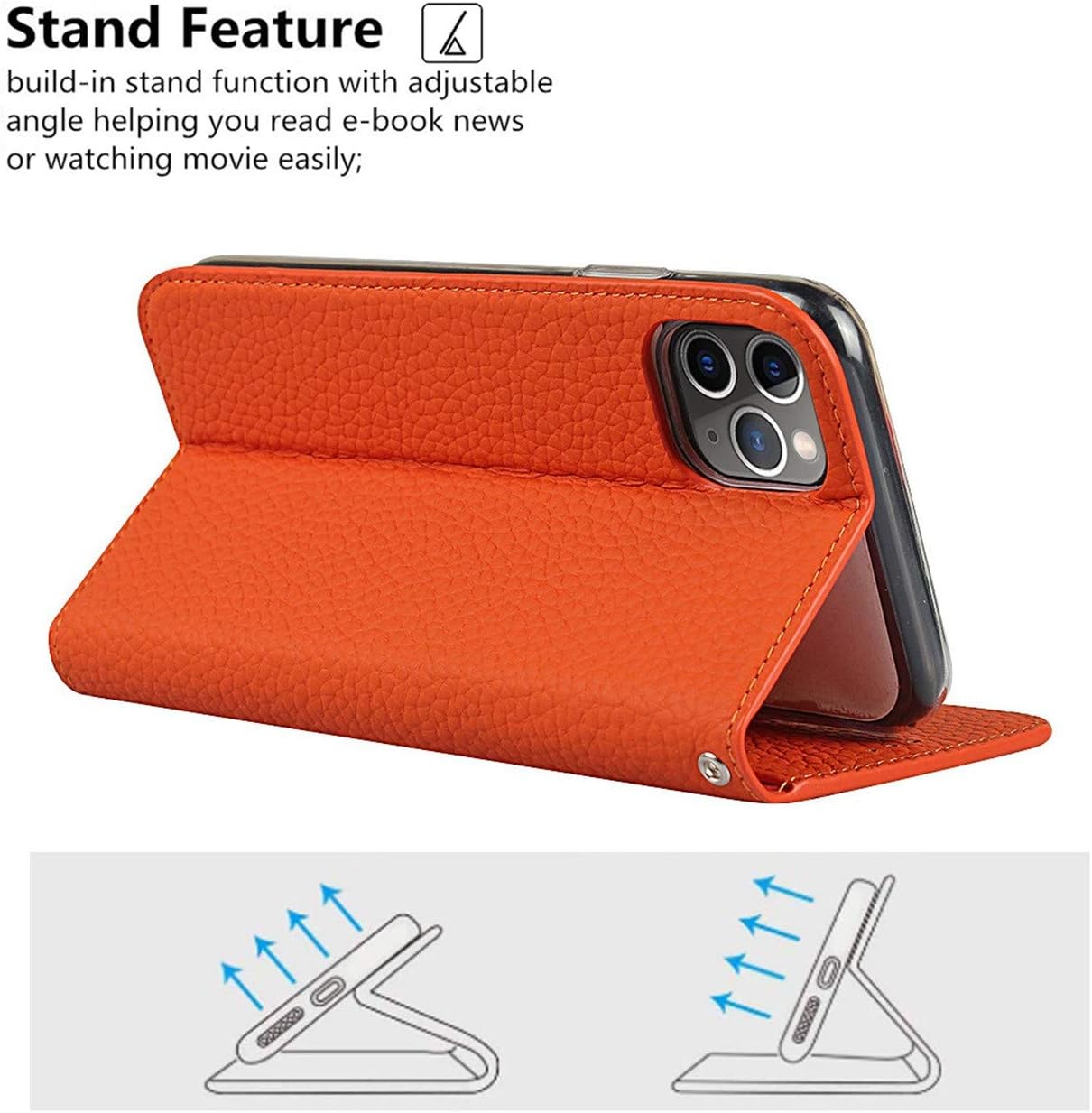 iCoverCase Compatible with iPhone 11 Pro Max Wallet Case, RFID Blocking Genuine Leather Magnetic Case with Wrist Strap and Card Slots Kickstand Feature Flip Cover 6.5 Inch (Orange)