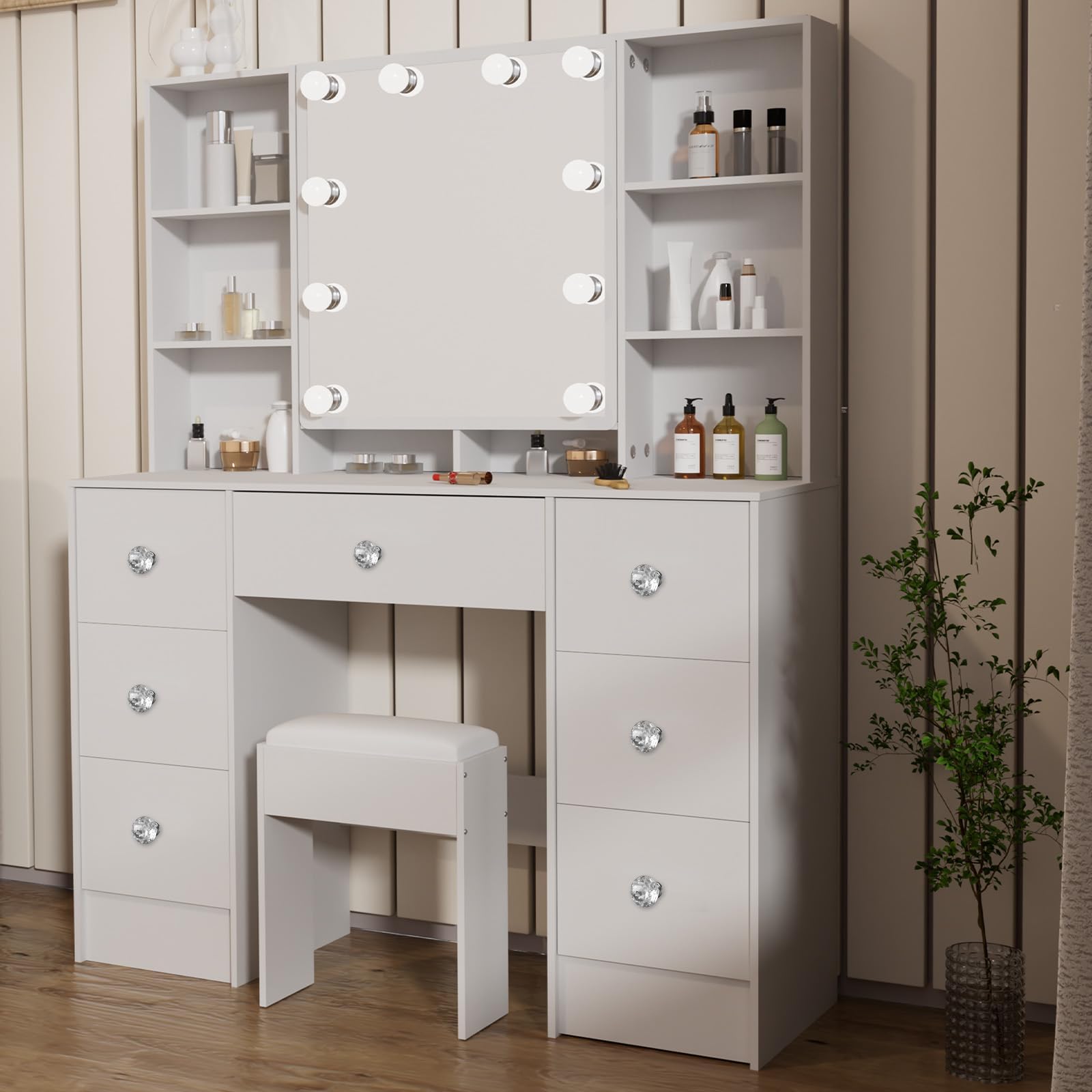 White Dressing Table with LED Lights, 100x140x40 cm Large Makeup Vanity Table Set with 7 Drawers, 3 Model Adjustable Brightness Mirror, Makeup Desk White Bedroom Dresser Table (Not included Stool)